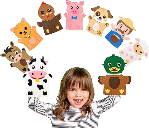 Kits de manualidades de animales de marioneta de mano para niños, 9 piezas de animales de granja, kit de manualidades y artes, juguetes de narración