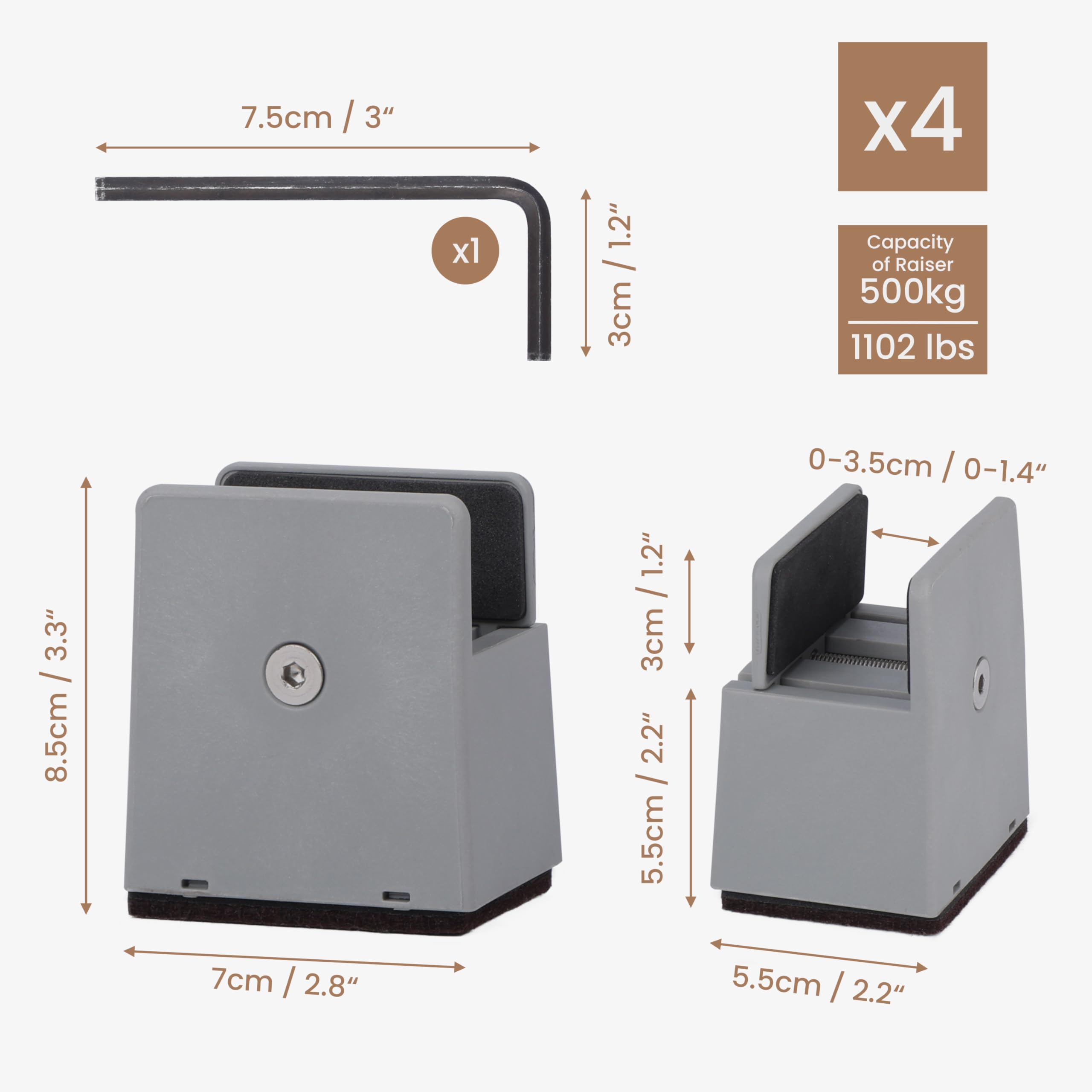 BELLE VOUS 4 Rialzi per Mobili - Rialzo Regolabile Letto - con Morsetti a Vite da 8,5 cm - per Gambe Divano e Tavolo - Diametro Piedi Max 35 mm - Piedini Regolabili