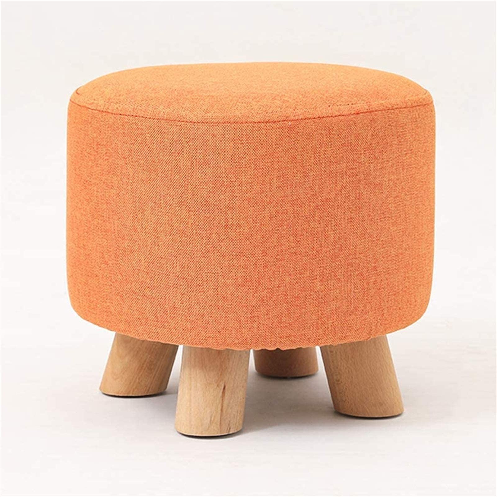 Pouf ottoman rembourré en lin orange avec pieds en bois stables