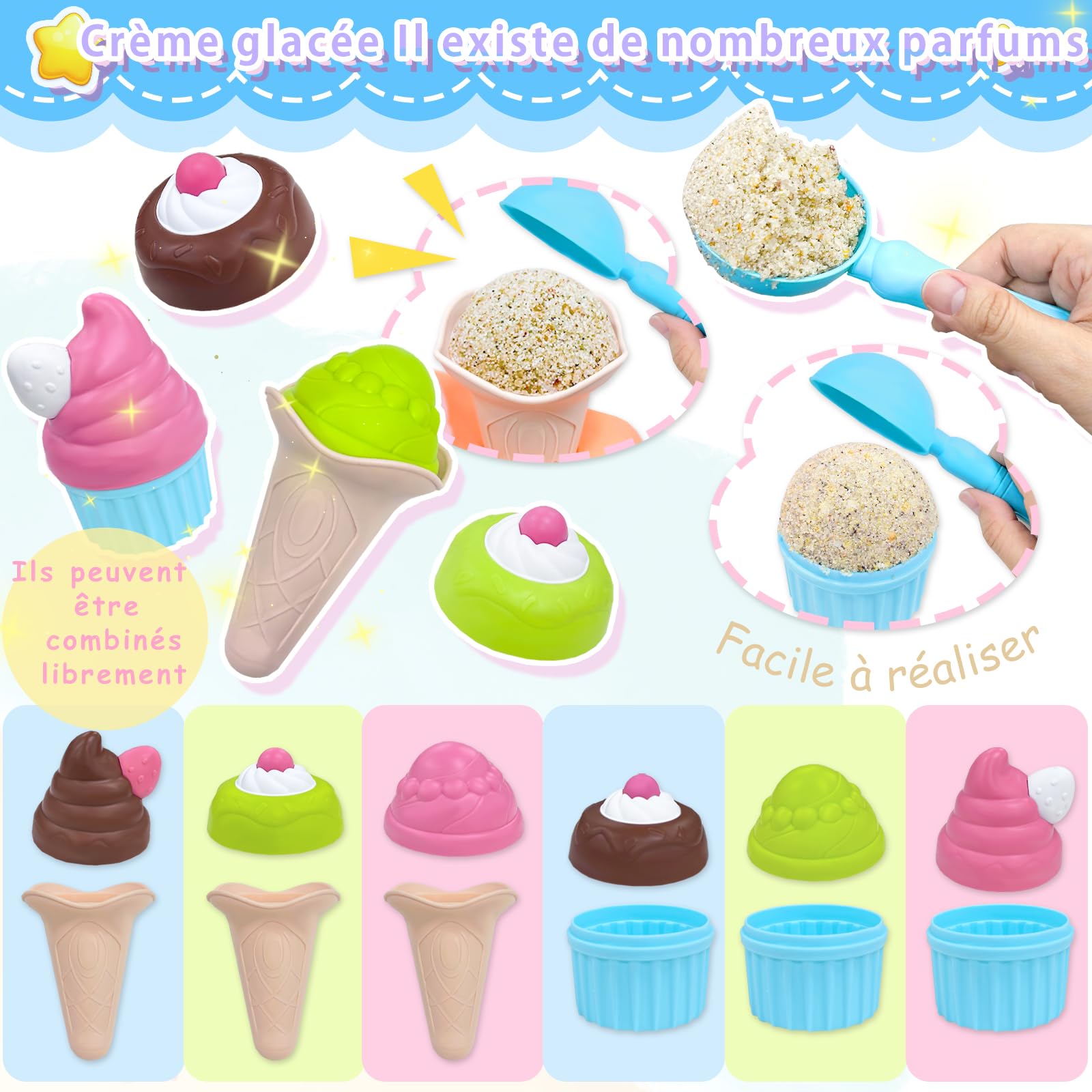 VBACALA BACALA Jouets de Plage, Jouets de Crème Glacée pour Enfants, Pelle de Sable, Moulage de Crème Glacée, Jouet de Gâteau de Plage, Jeux de Rôle de Plage pour Les Enfants âgés de 3 Ans et Plus