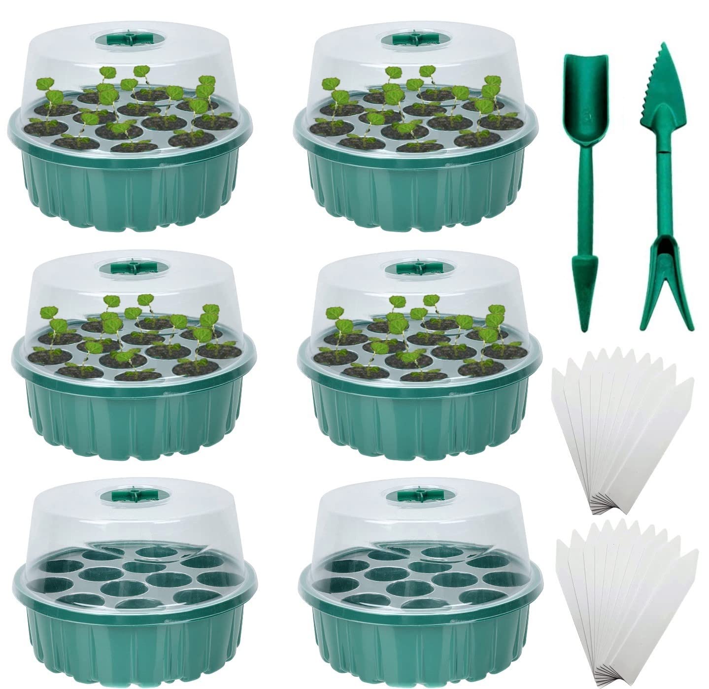 KAHEIGN 6Pcs Round Seed Starter Trays, 13 Cells Seed Propagator Trays Heavy Duty Plastic Plant Seed Growing Trays Kit with Adjustable Vents Dome and Base, 20Pcs Plant Labels, 2Pcs Seeding Tools