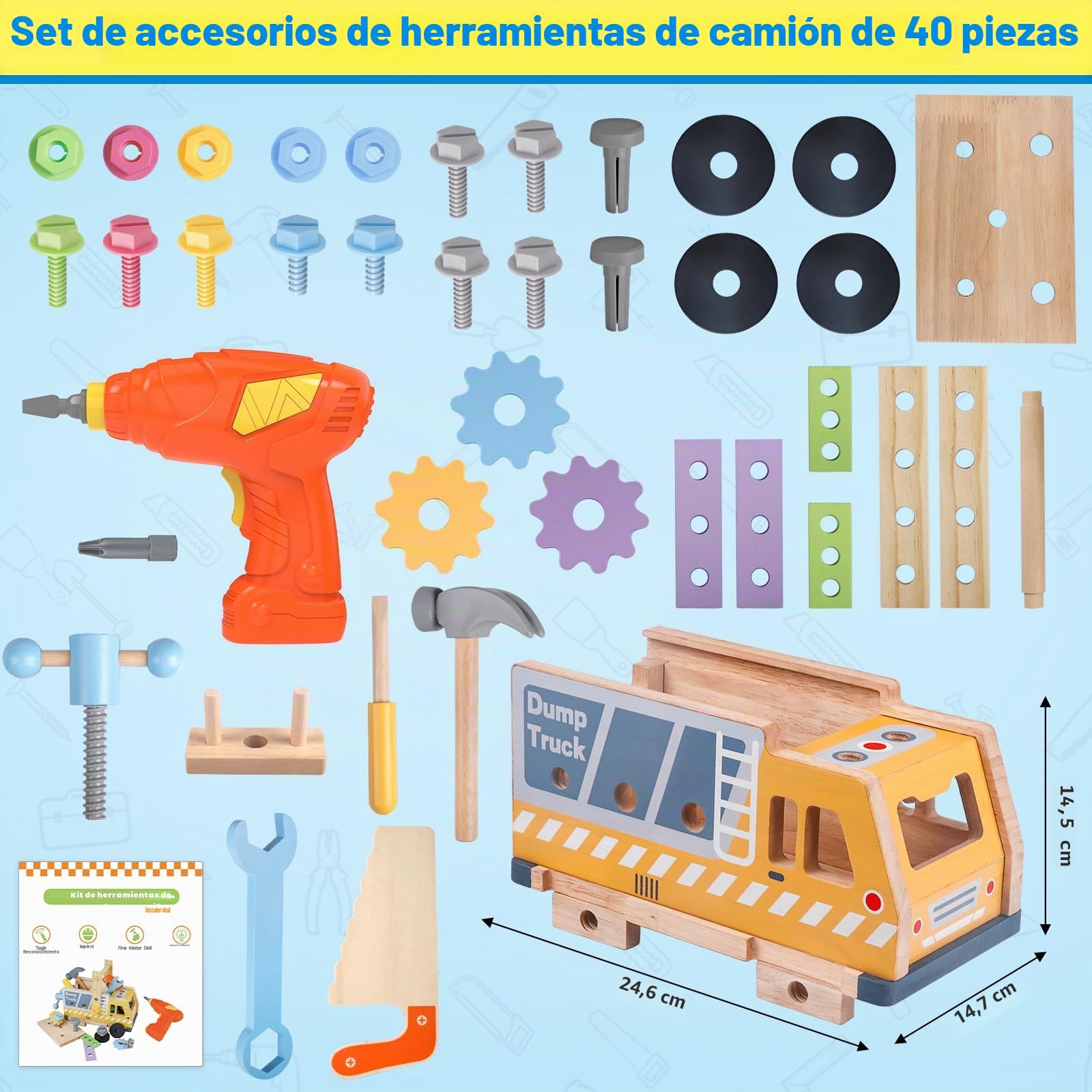 Juego de Herramientas Niños 40 Piezas, Caja Herramientas Juguete de Madera Montessori, Banco de Trabajo Camión Volquete 2 en 1, Juguete Educativo Regalo Niños Niñas 2 3 4 5 Años
