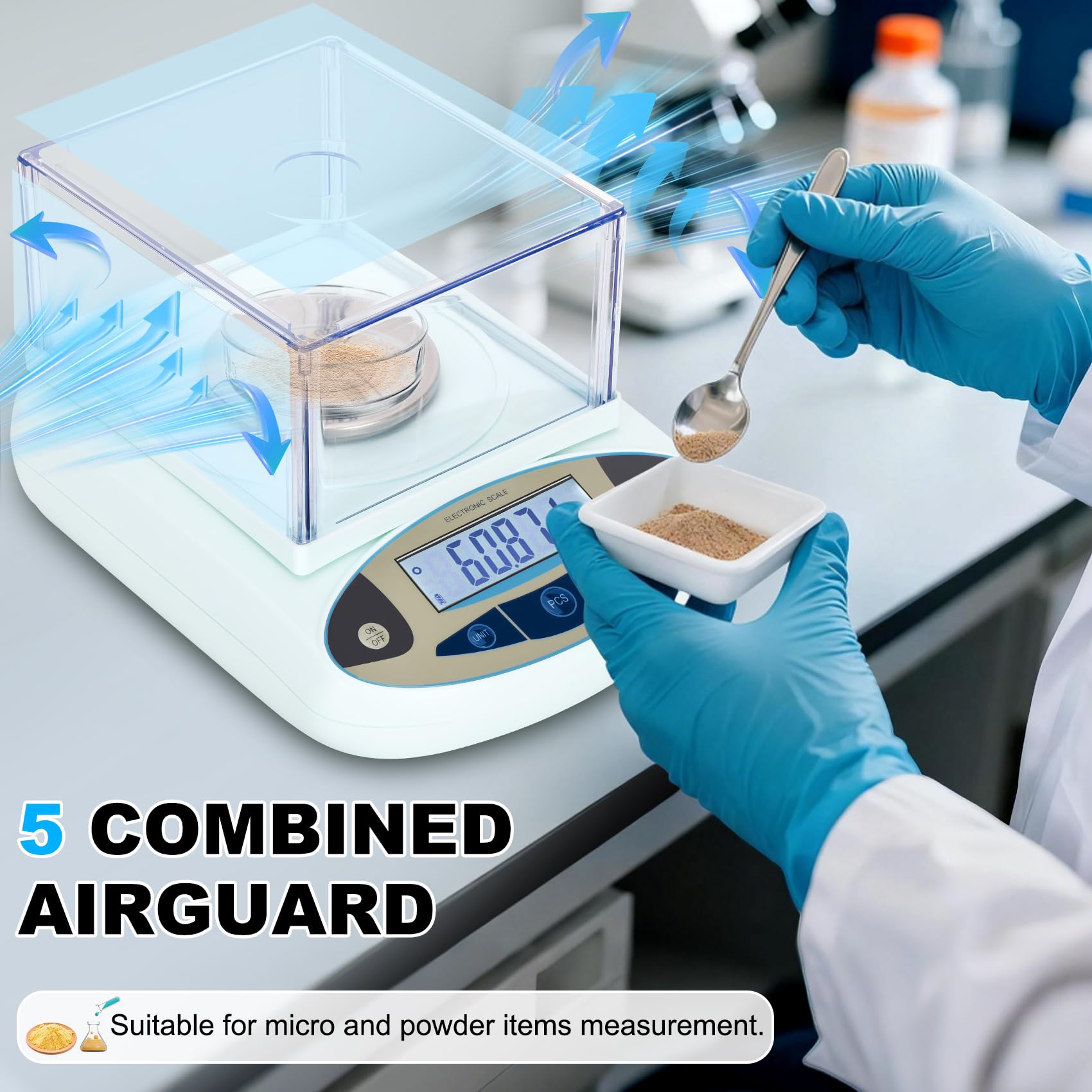 Báscula de laboratorio de 500 g x 0,001 g, balanza analítica precisa de alta precisión con parabrisas, báscula científica electrónica de laboratorio de precisión digital (con peso de calibración de