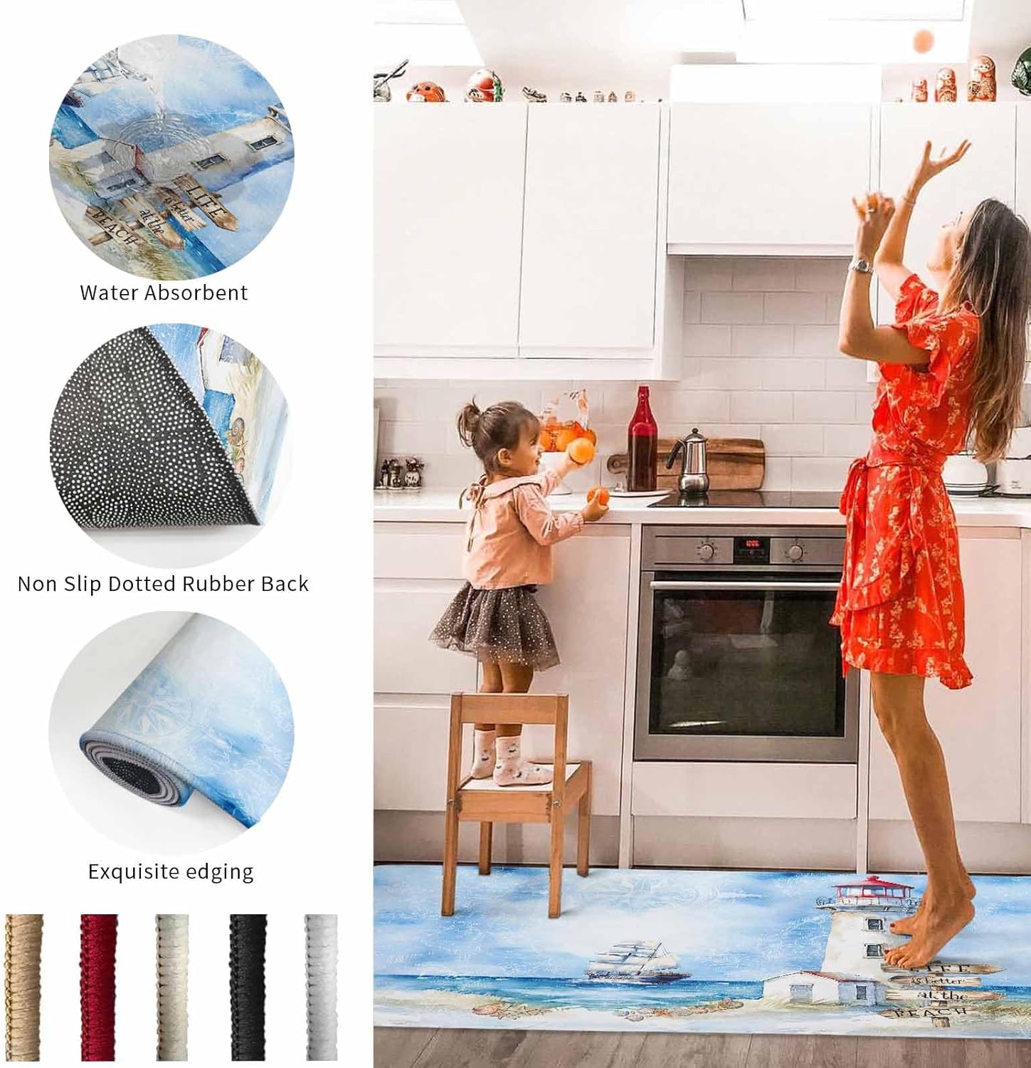 2 Pieces Kitchen Rugs and Mats,Nautical Ocean Lighthouse Boat Area Runner Rug Set Non Slip Floor Doormat Washable Carpet Standing Mat for Kitchen Sink Indoor Corridor,Watercolor Coastal Marine Life