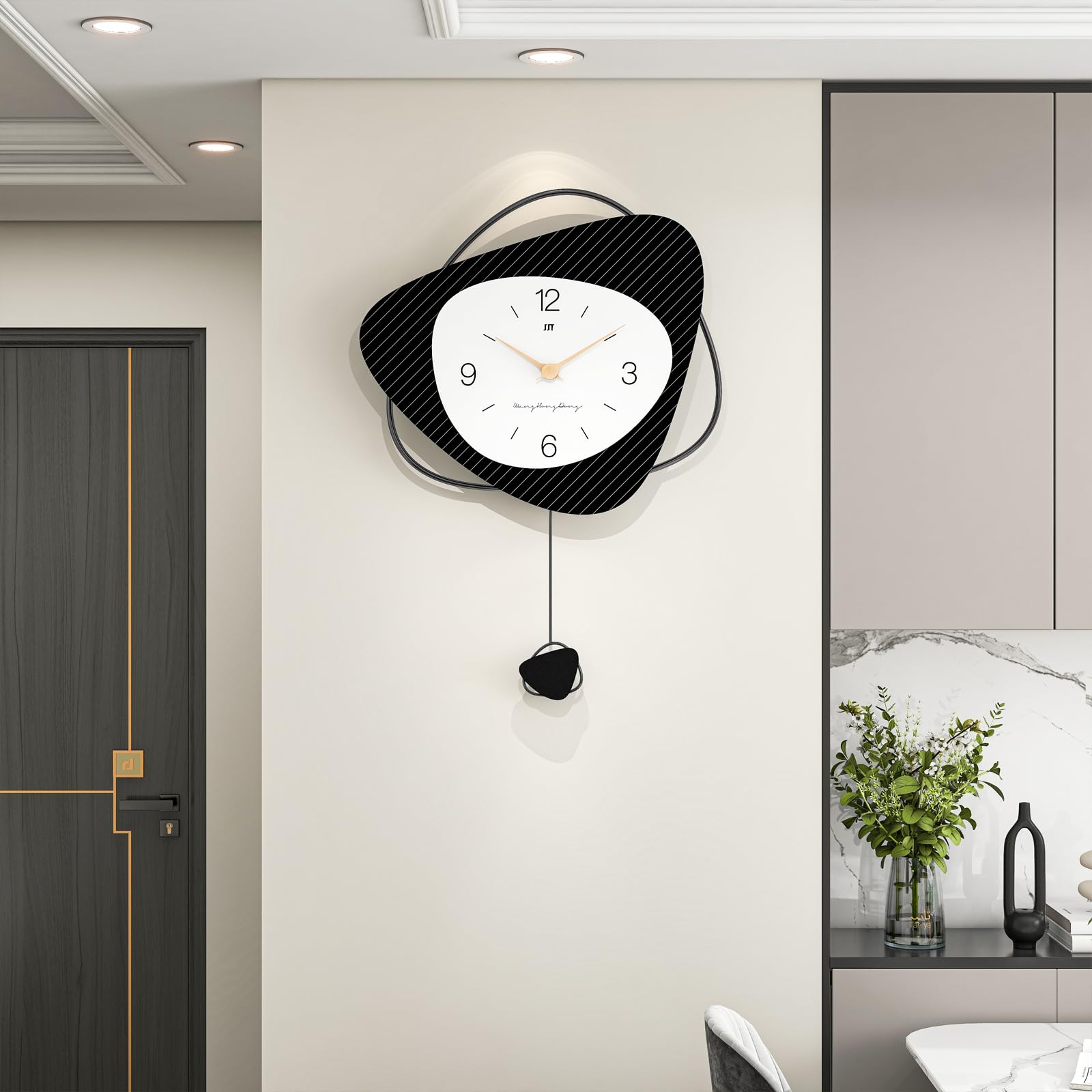 Large Wall Clock for Living Room Decor 16 Inch Black Modern Decorative Pendulum Wall Clock Non Ticking Battery Operated for Bedroom Kitchen Office Big Silent Metal Clock for Home Decor
