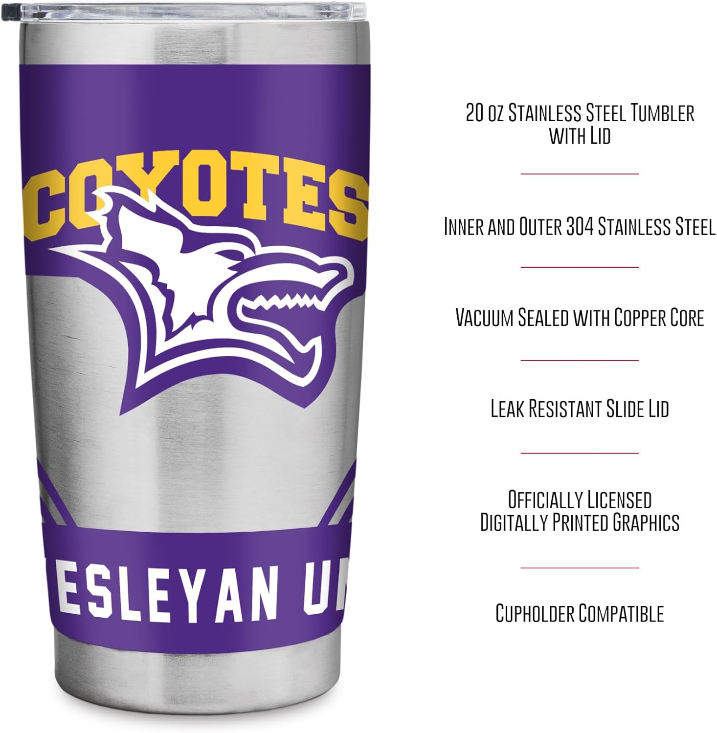 Rico Industries NCAA Kansas Wesleyan Coyotes Standard 20oz Stainless Steel Tumbler with Lid - Great For Coffee, Tea, Water or Cocktails - Image 7