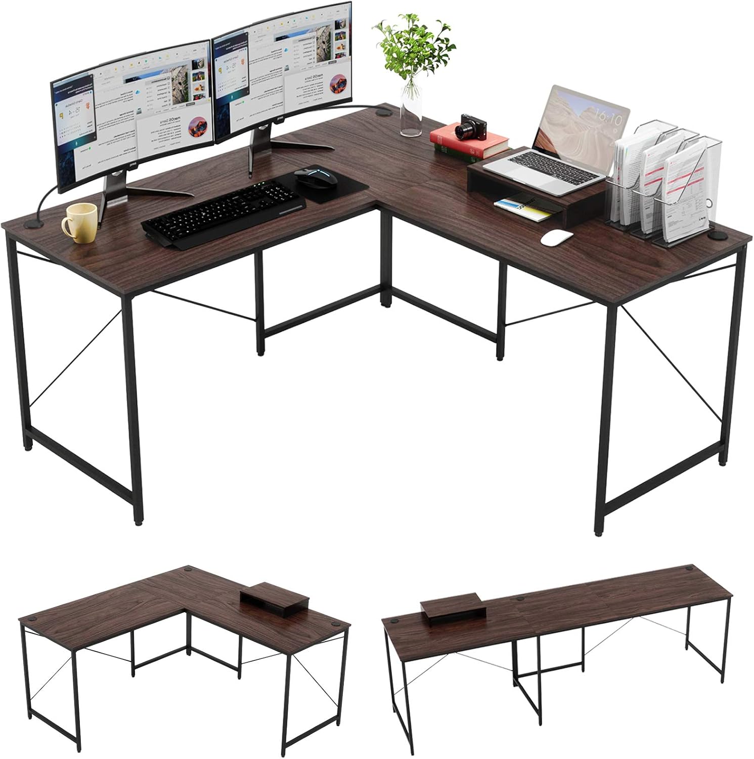 Bestier L Shaped Desk 95.2 Inch with Power Outlet Reversible Corner Office Desk or 2 Person Long Table for Home Large Gaming Writing Workstation with Monitor Stand and 2 Cable Holes, Rustic Brown : Home & Kitchen