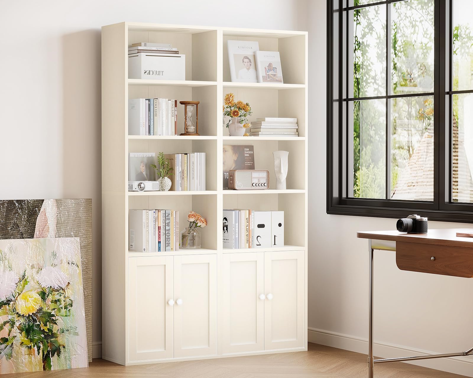 Coleshome Estantería Libros, Librería de 6 Niveles con Puertas y Armario, Estantería de Pie para Salón, Dormitorio, Oficina, Almacenamiento y Exhibición, Blanco, 48 x 24 x 176.4