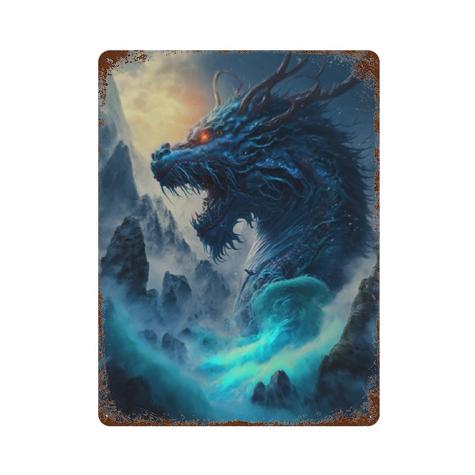 Rust Effect Blue Dragon Fantasy Artwork Distressed Metal Wall Sign 15.7"x11.8", Farmhouse Wall Decor for Office, Studio And Wall Decor
