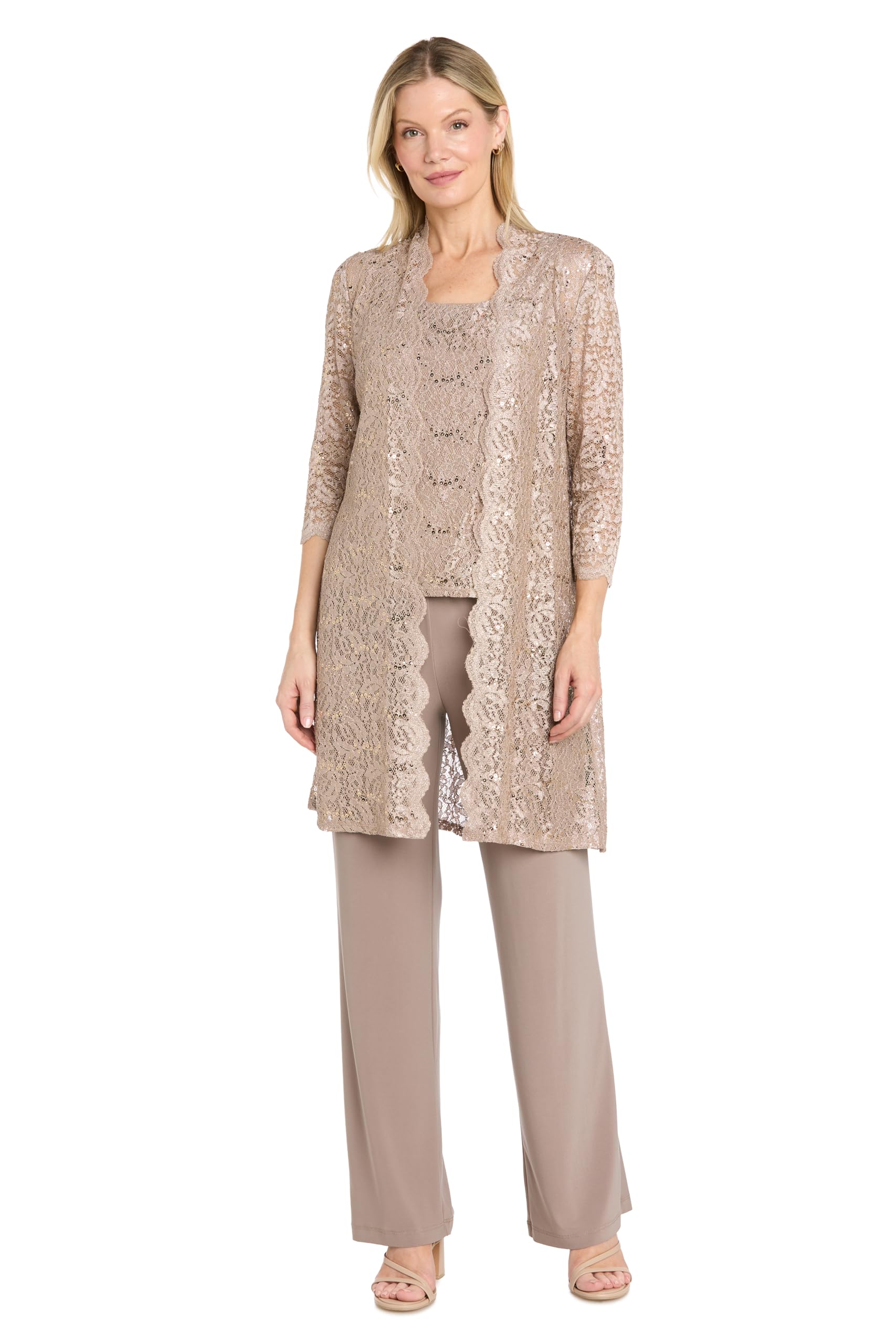 R&M Richards Damen Spitzen-Tanktop und Hose mit Durchsichtiger Spitzenjacke Business-Anzug Hosen-Set