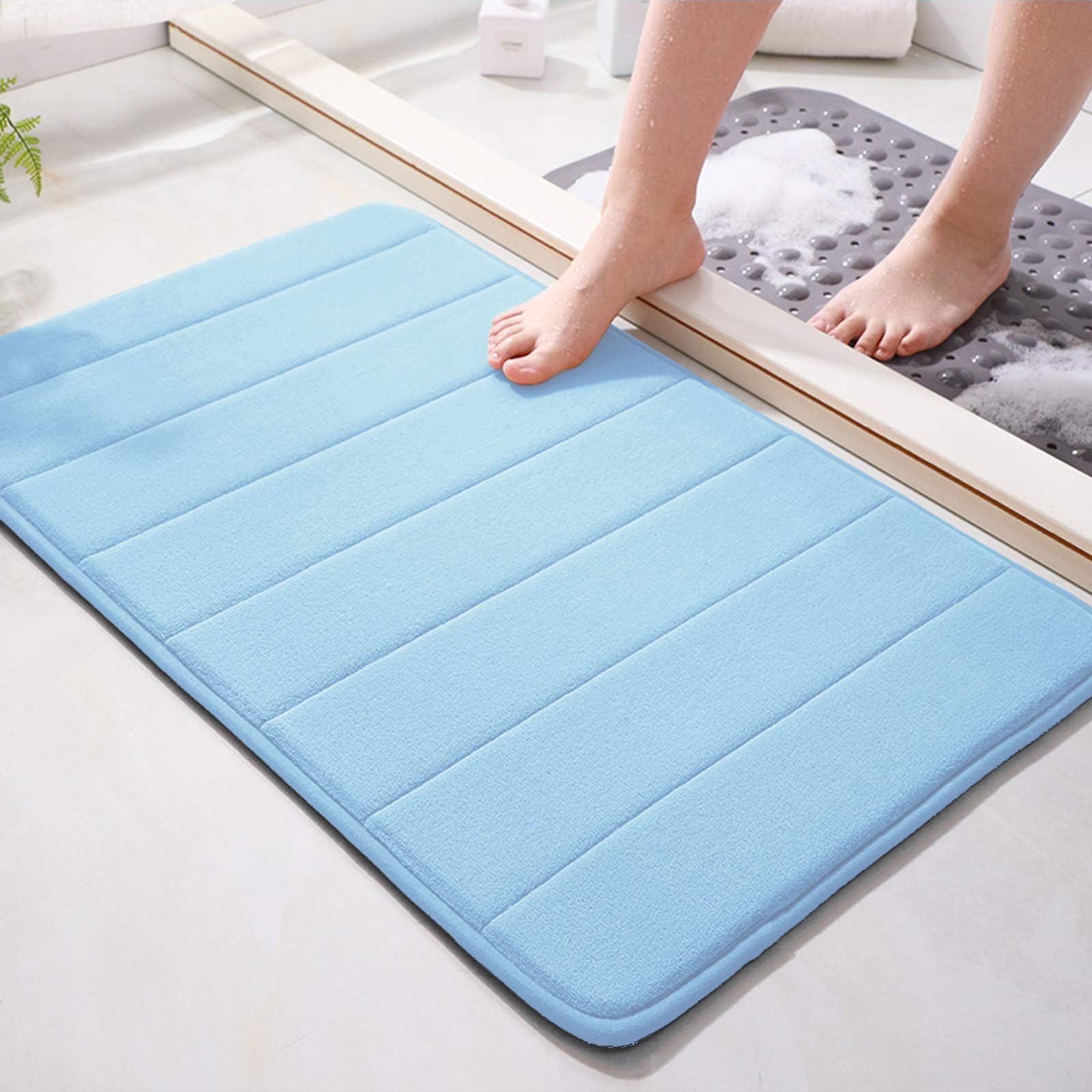 JMTOOR Memory Foam Bath Mat 17" X 24" Coral Velvet Super Non-Slip Rapid Water Absorption Soft and Comfortable Easier to Dry Machine Wash Bathroom Mat, Sky Blue