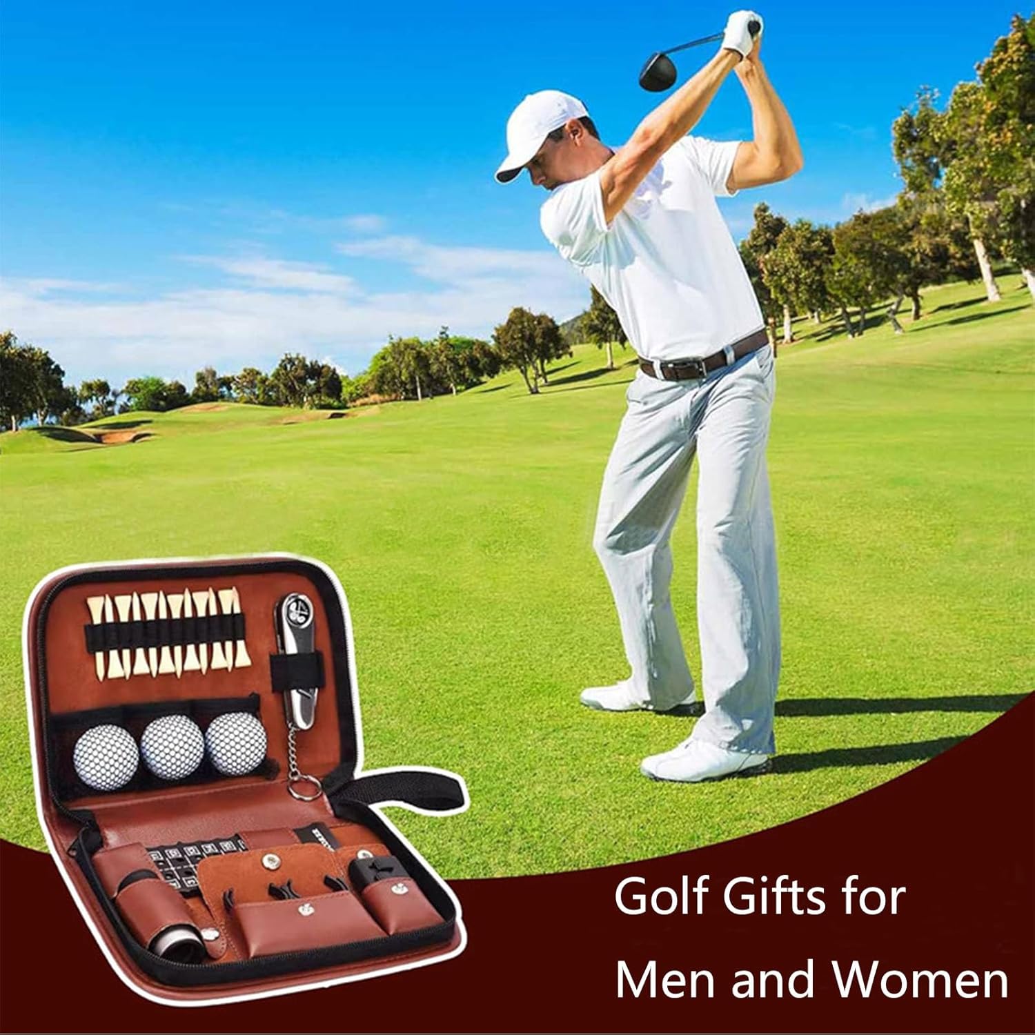 Golf Accessory Storage Set - Golf Gift Sets, Multifunctional Large Capacity Leather Bag, Outdoor Portable Toolkit, Easy To Carry, Brown