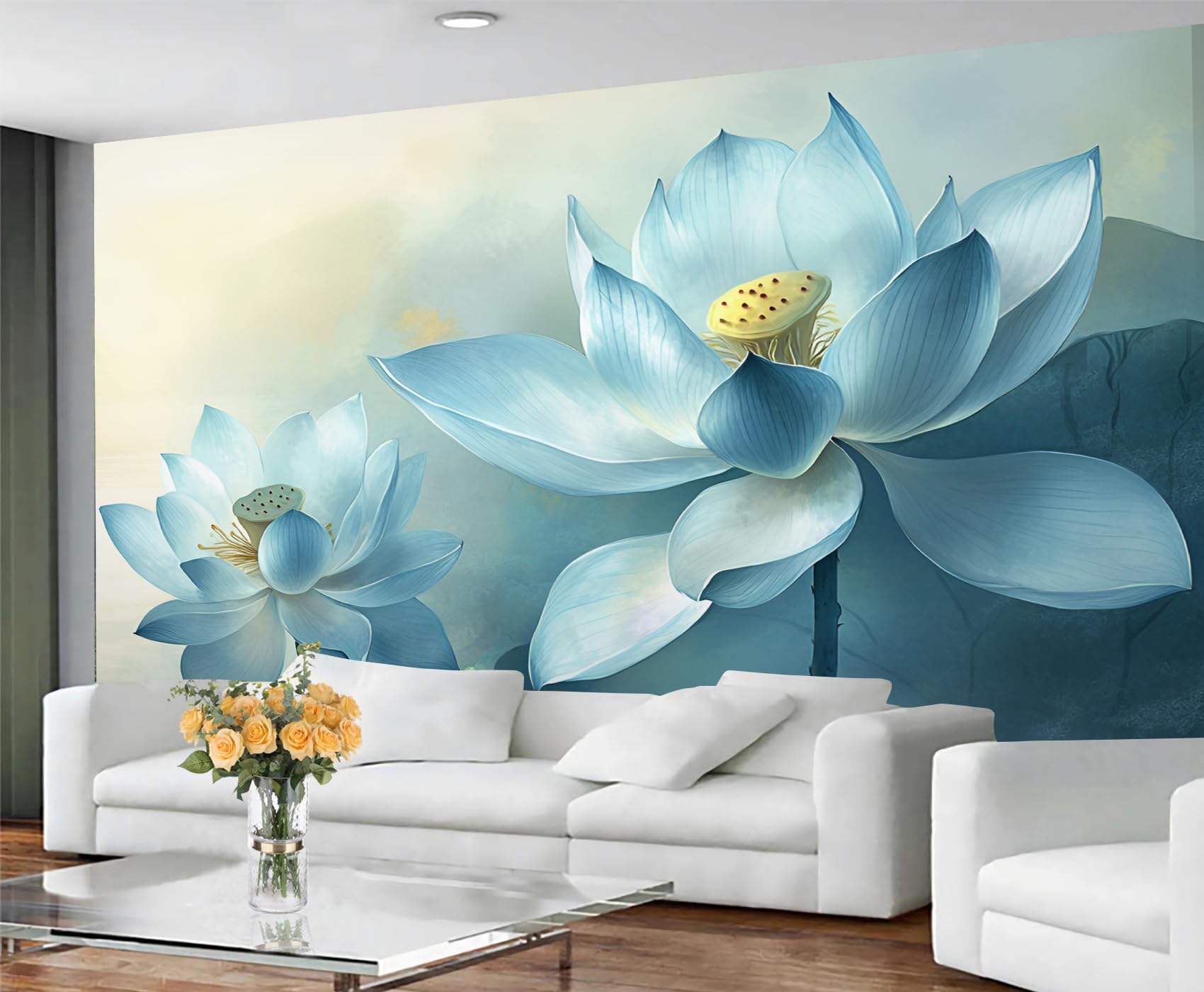 GIVLWF Lotus Wallpaper, Blue Florals Self Adhesive Wallpaper for Living Room, Renter Friendly Wall Paper for Bedroom, Elegant Floral Wall Mural - Large Home Decor 100x100 cm — image 1