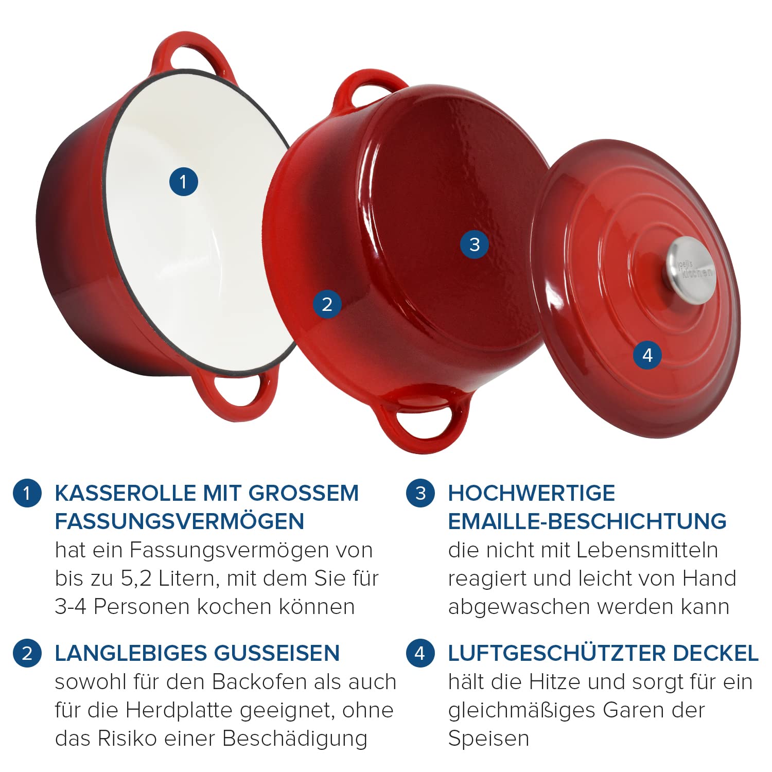 joeji's Kitchen Gusseisen Topf mit Deckel 28 cm | 2,7L Emaillierter Schmortopf & Brotbacktopf | Induktionsgeeignet | Backofen bis 240°C | Rot