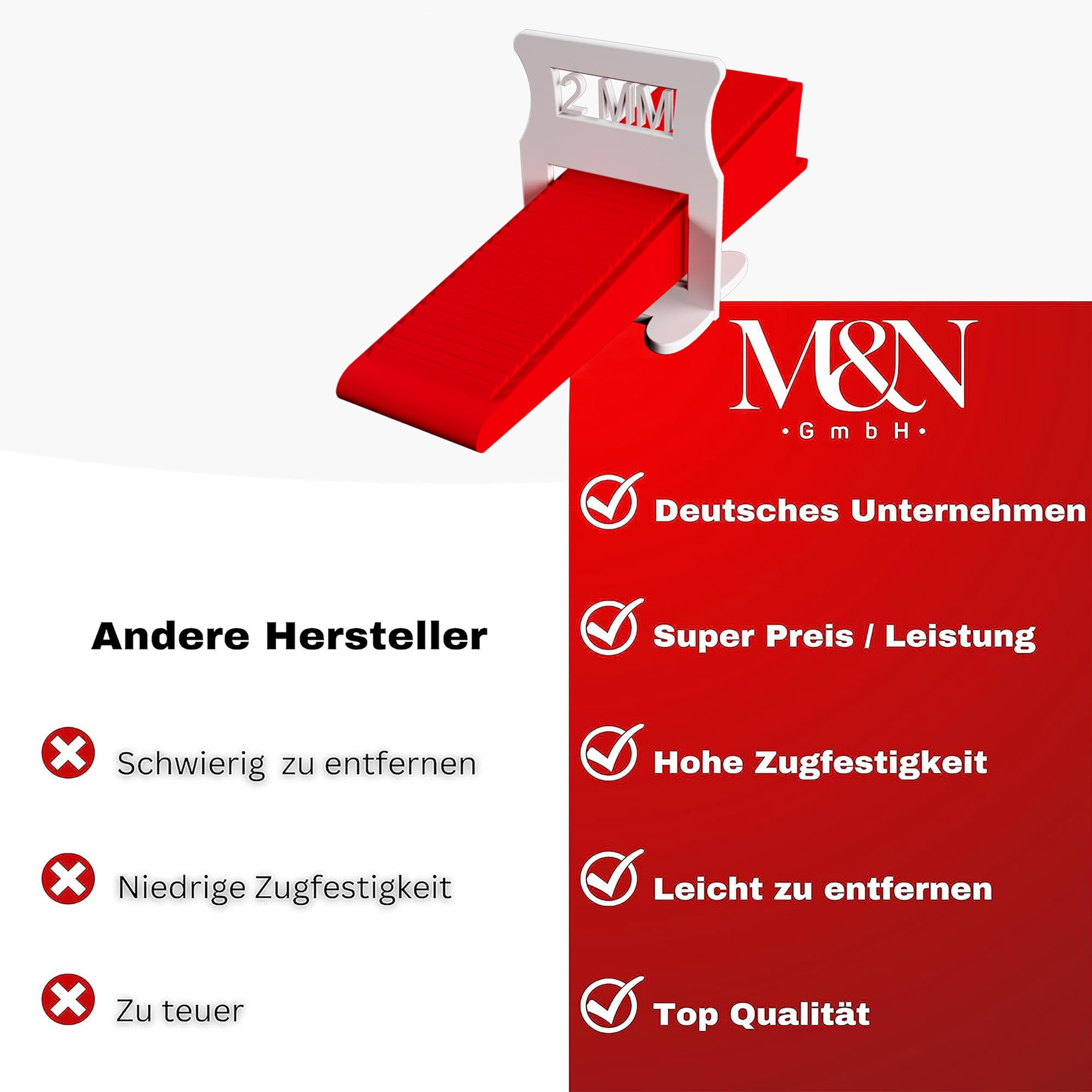 M&N Fliesen Nivelliersystem Set 1mm, 2mm Mega- Auswahl (200x 3mm Laschen, 100x Keile) - Fliesen-Verlegehilfe Werkzeug für Leien & Profi - Fliesenleger Fliesennivellierungssystem Zubehör