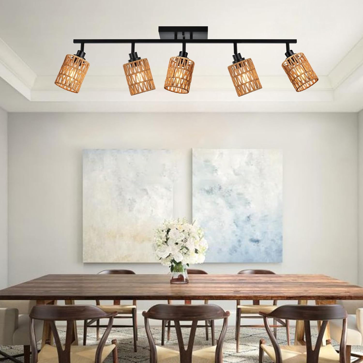 MELUCEE 5 Light Black Track Ceiling Light Fixture with Rattan Lamp Shade, Farmhouse Vanity Lights for Bathroom with Rotatable Light Head, Spotlight Track Lighting for Hallway Porch Foyer Bath