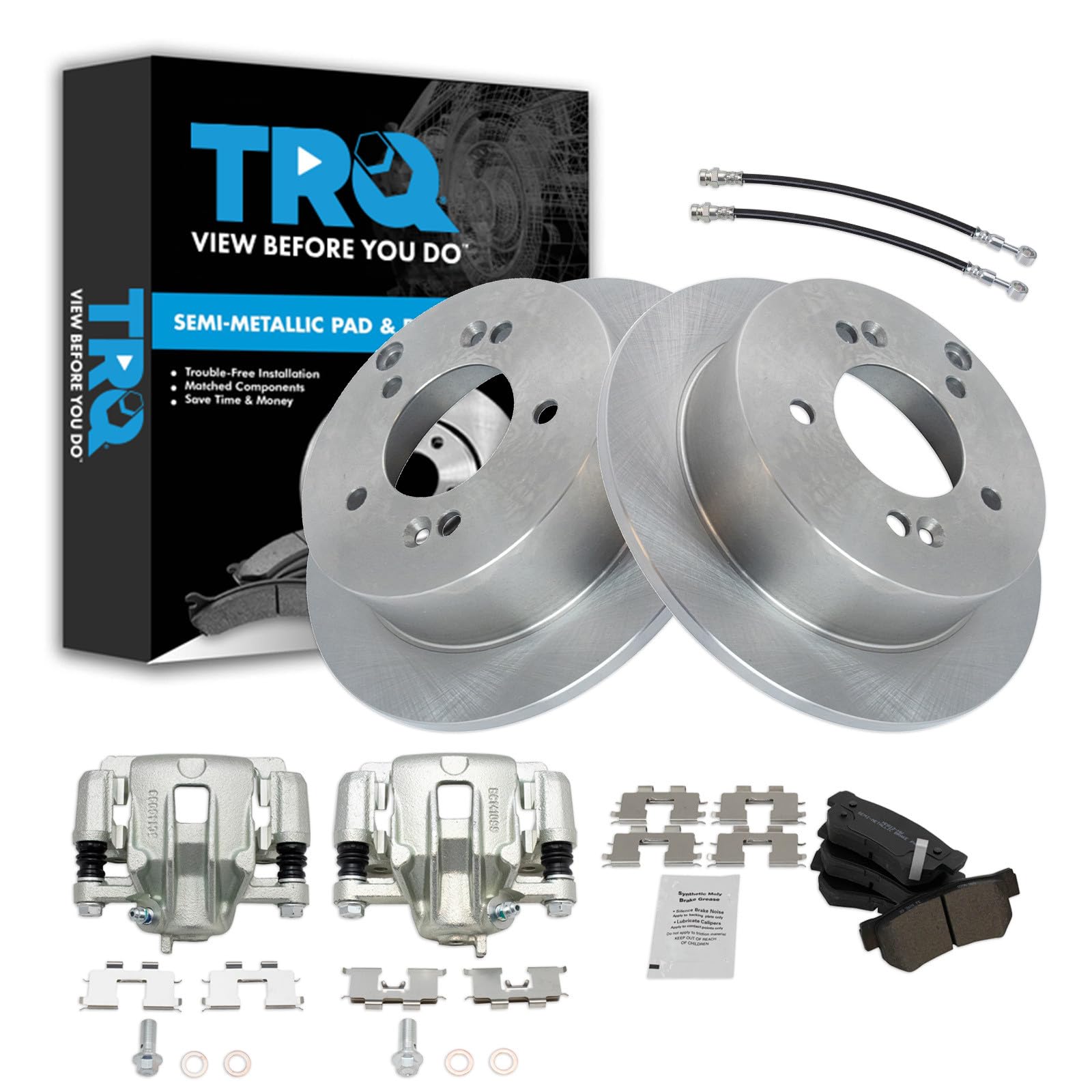 TRQ Rear Brake Pad and Rotor Set Semi Metallic Rotors Calipers Compatible with 2006 Hyundai Sonata 2007, 2008, To 2 28 07 Production Date