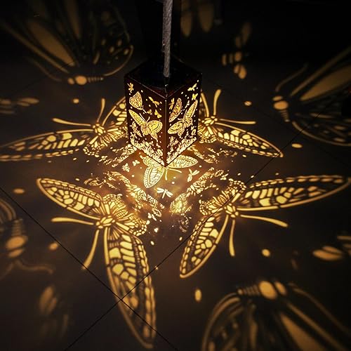 Miniatura 8 de WACLSTDAY Faroles solares colgantes para exteriores, lámpara LED impermeable, paquete de 2 faroles ahuecados de mariposa, para jardín, patio, mesa,