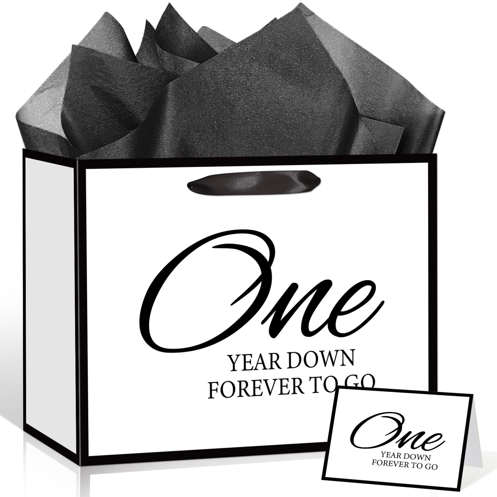 TagreSpike 1st Anniversary Paper Gift Bag with Tissue Paper and Card - Large One Year Down Forever to Go Wrapping Bag - Black and White Paper Anniversary Party Supplies for Husband Wife