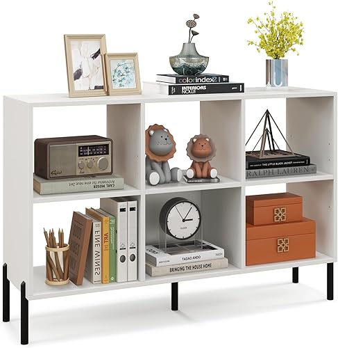 Tangkula Estantería de 6 cubos, estantería abierta de almacenamiento de madera de 2 niveles con patas de metal elevadas, estante ajustable de 5
