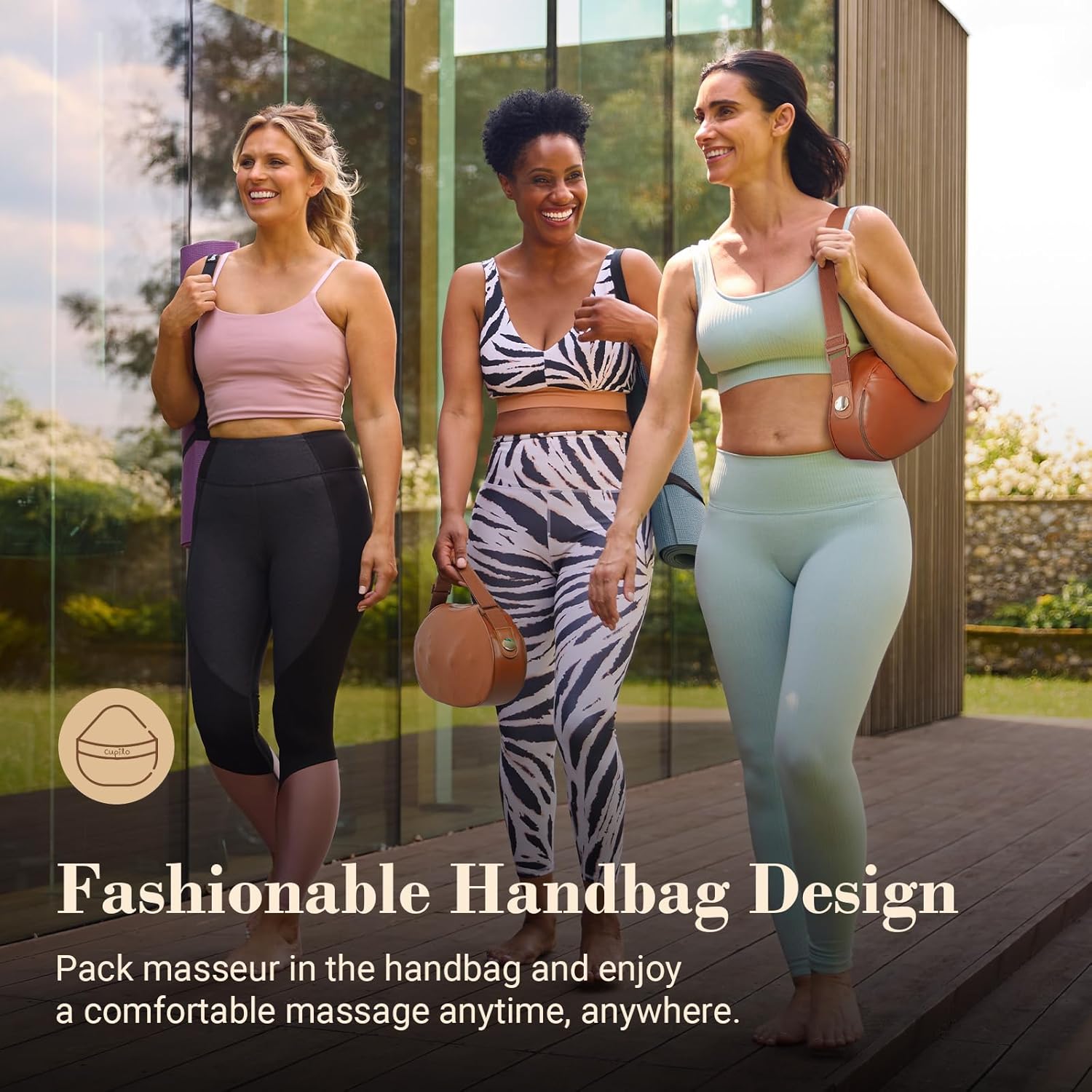 Three women walking, one carrying the CuPiLo massager like a handbag, highlighting its portable design.