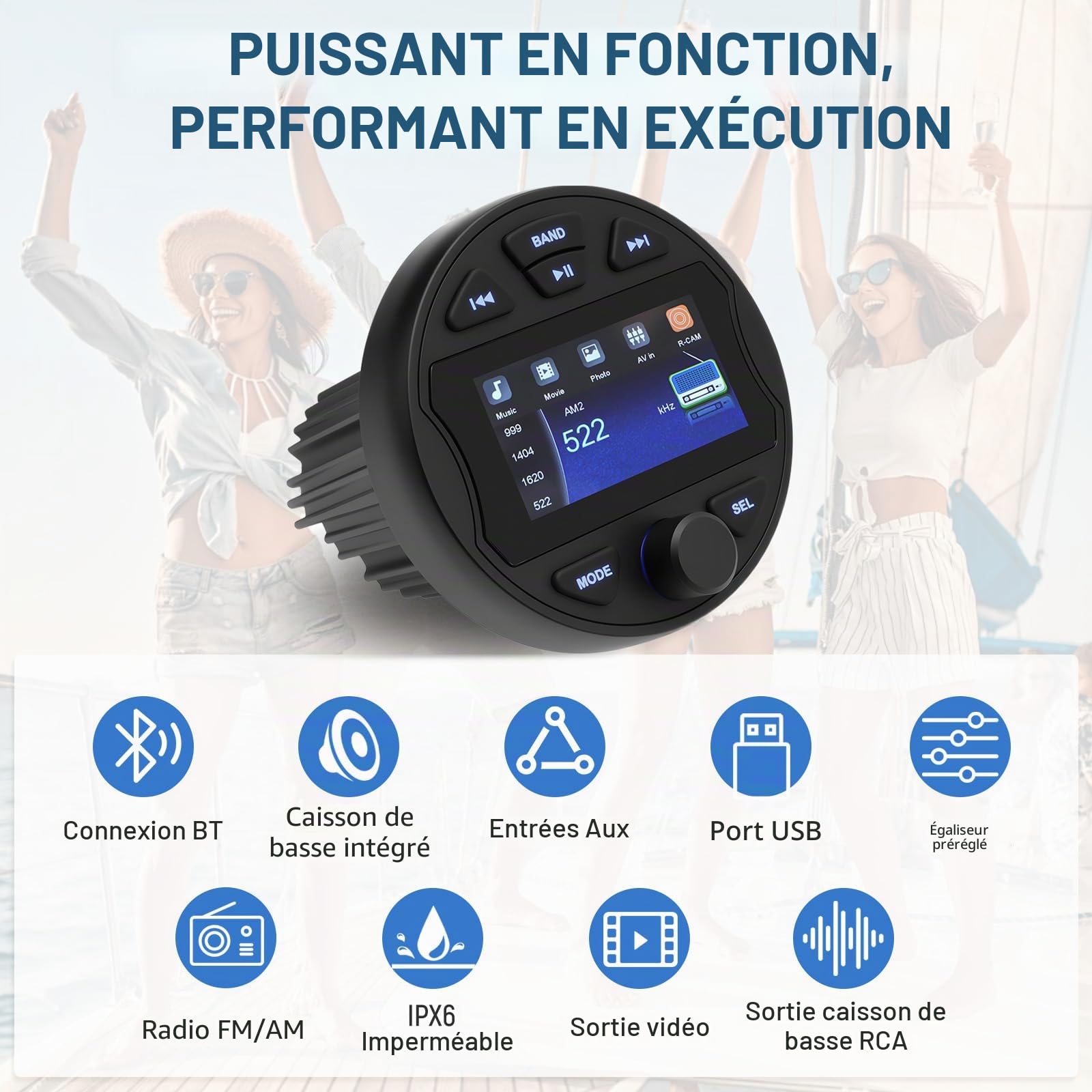 Radio marine RCA caisson de basses stéréo MP5 Lecteur multimédia pour BT & FM/AM Fonctionnel USB IPX6 étanche pour bateau et utilisation professionnelle