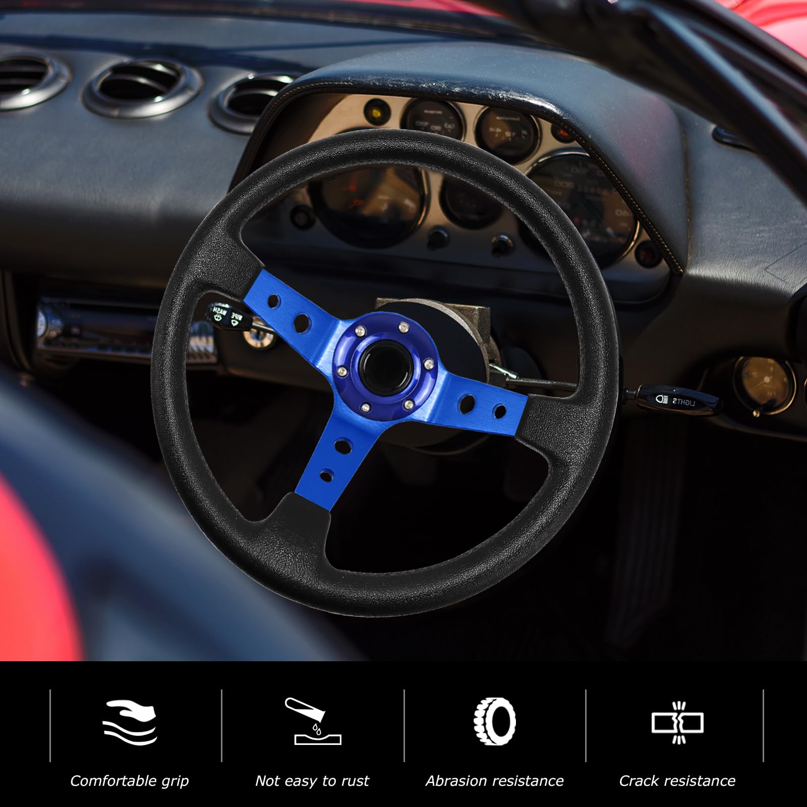 volante de carreras en general, volante de juego 13.6 "6 tornillo vástago vinil dermis disco profundo, con el botón de cuerno, para Racing/rally/carreras/conducción simulada (Azul)