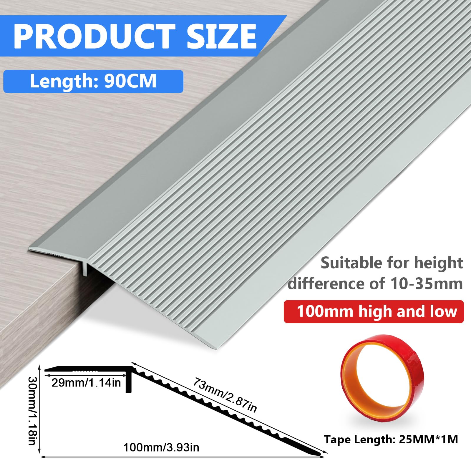 Aluminium-Bodenübergangsleiste,0,9m x 100mm Aluminium Übergangsprofil mit Langes Klebeband,Überbrücken die Höhe Zwischen 8-40mm,Rutschfester Wasserdichter Türschwellenübergang für Rampen(Eisengrau