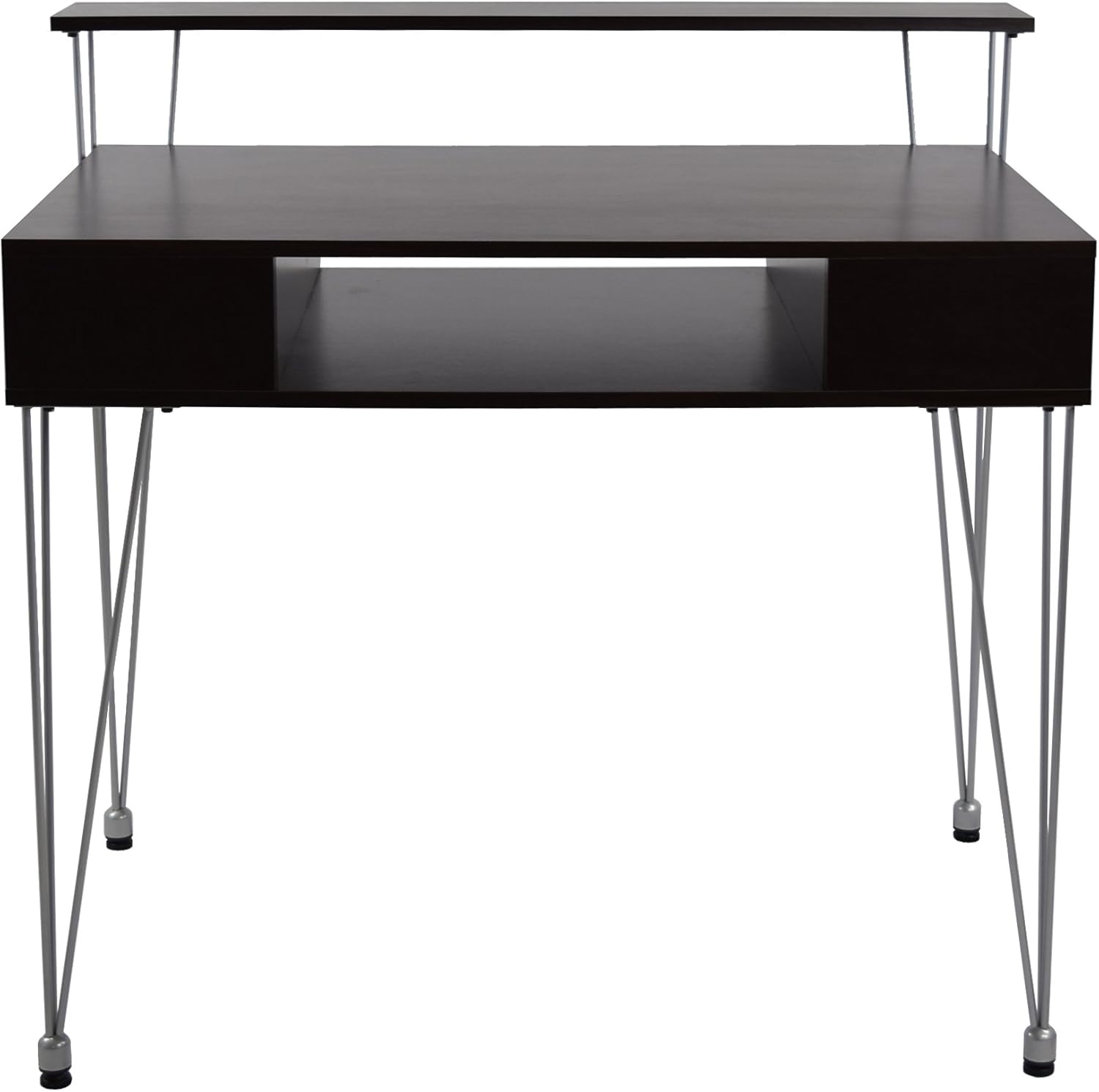 Proman Products Marcus Jr. Modern Home Office Desk with Storage – Functional Computer Writing Desk with Dual Side Compartments, Large Hidden Storage, Raised Display Shelf