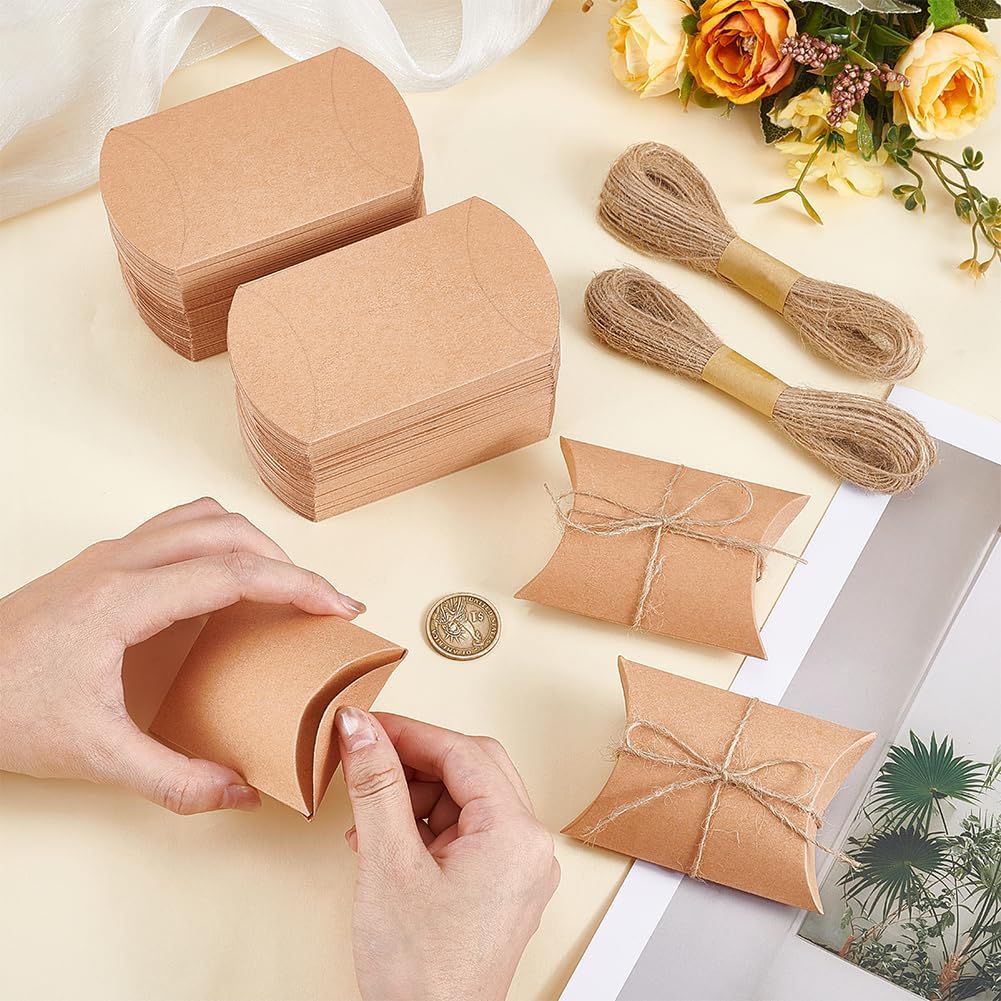 BENECREAT 100 Sets Kraft Paper Pillow Box, 2.8x2.6x1 Inch Brown Pillow Favor Box with Jute Twine and Mailer Boxes for Wedding Party Chocolates Sugars Biscuits