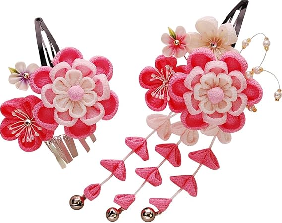 Amazon 髪飾り 2点セット つまみ細工 ピンク 桃色 成人式 七五三 浴衣 卒業式 結婚式 かんざし 簪 髪かざり ゆかた 浴衣 通販 和装小物 通販