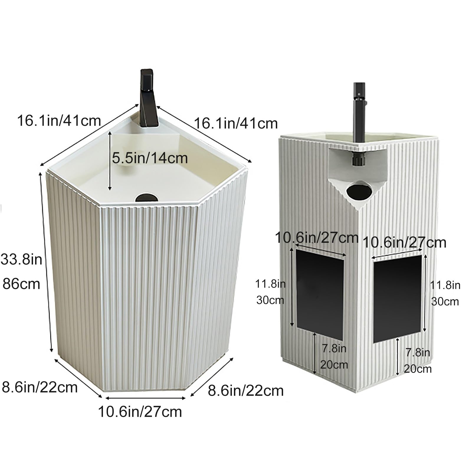 Fregadero triangular con pedestal que ahorra espacio, diseño de una pieza para baños pequeños y tocadores, elegante accesorio de baño compacto y moderno