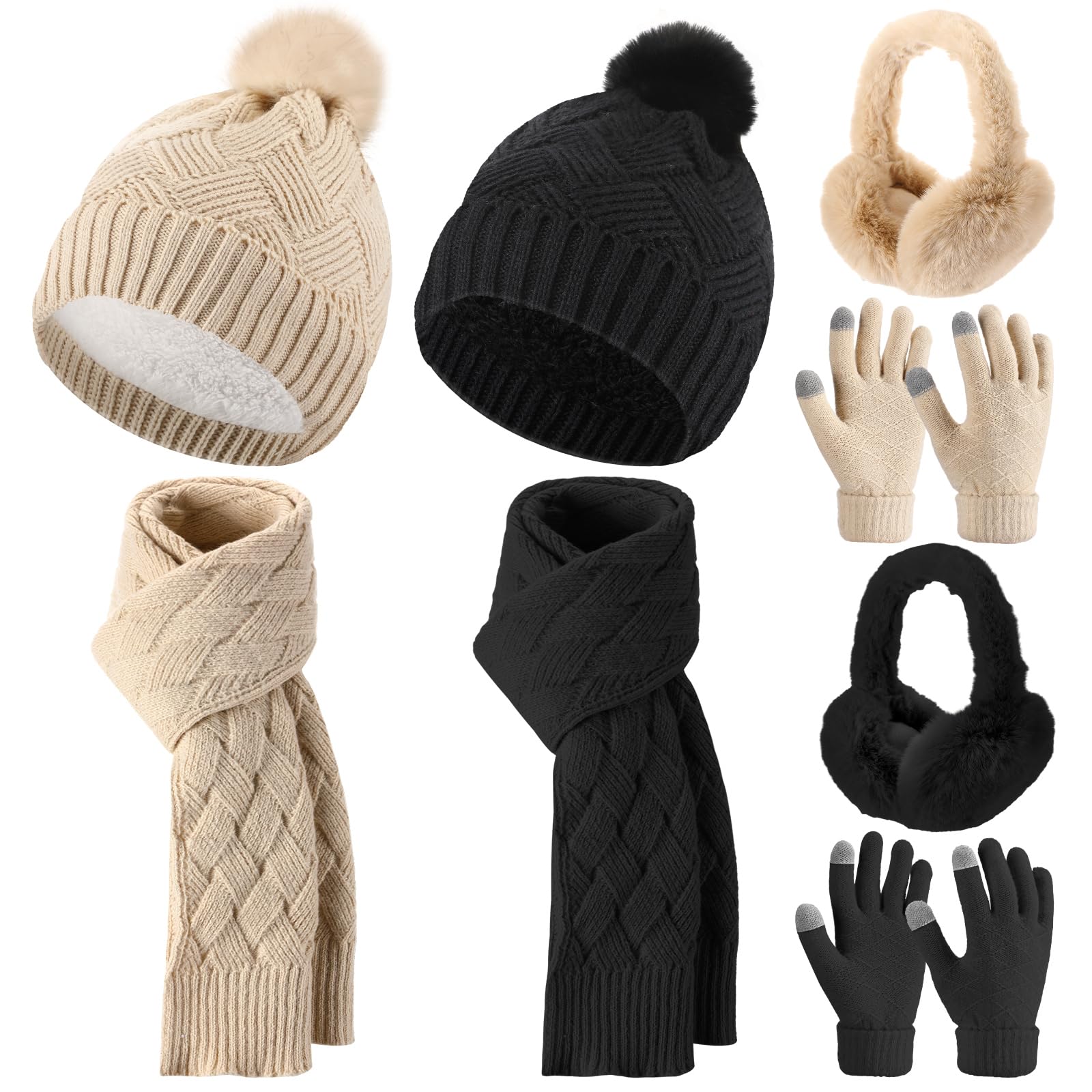8 Pcs Winter Hat Scarf Gloves Earmuff Set Knit Beanie Pompom Hat Warm Touch Screen Gloves for Women Men Adult-image-28