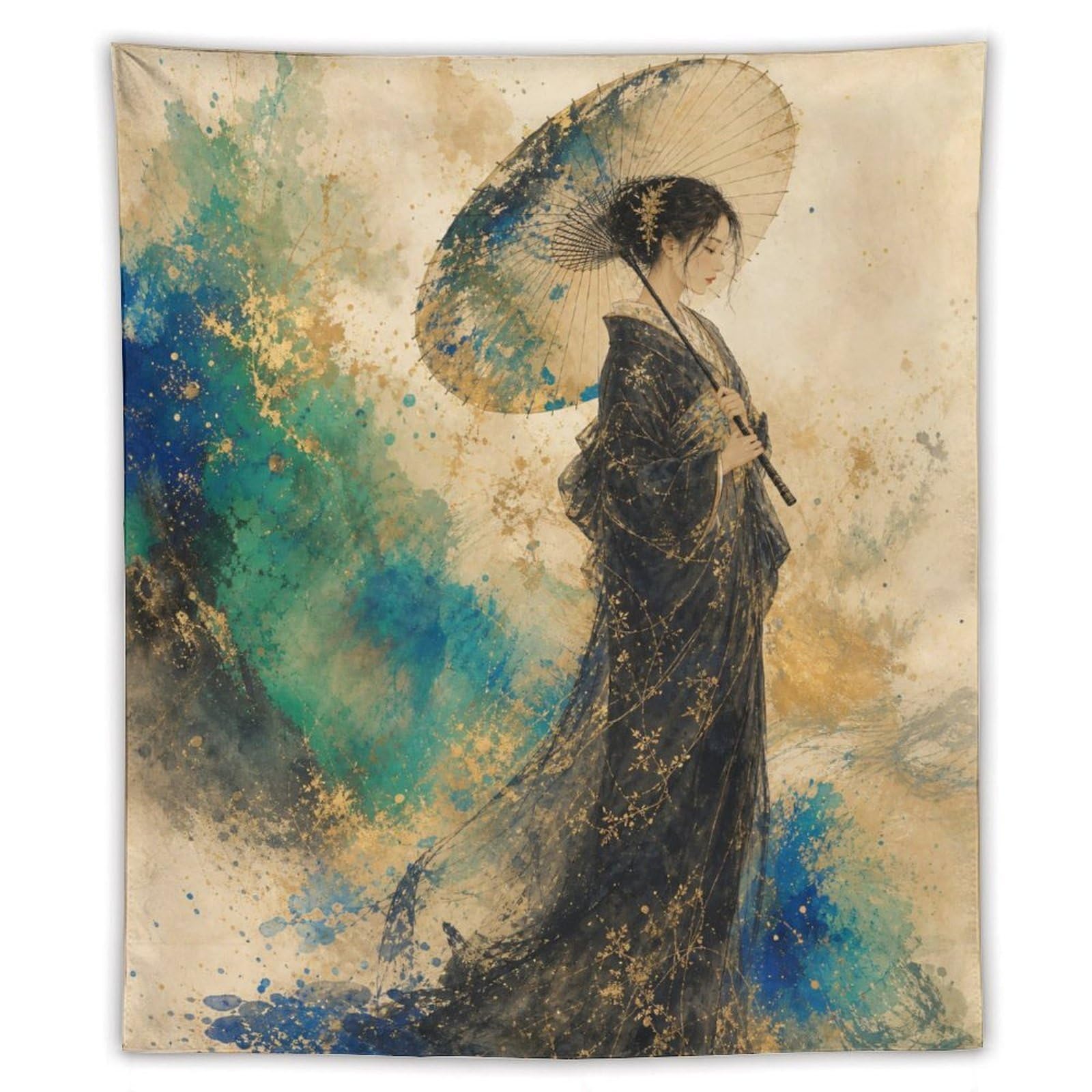 H3B8U2Y5 Woman with Parasol by Turquoise Wave Wall Tapestry, Asian Ink