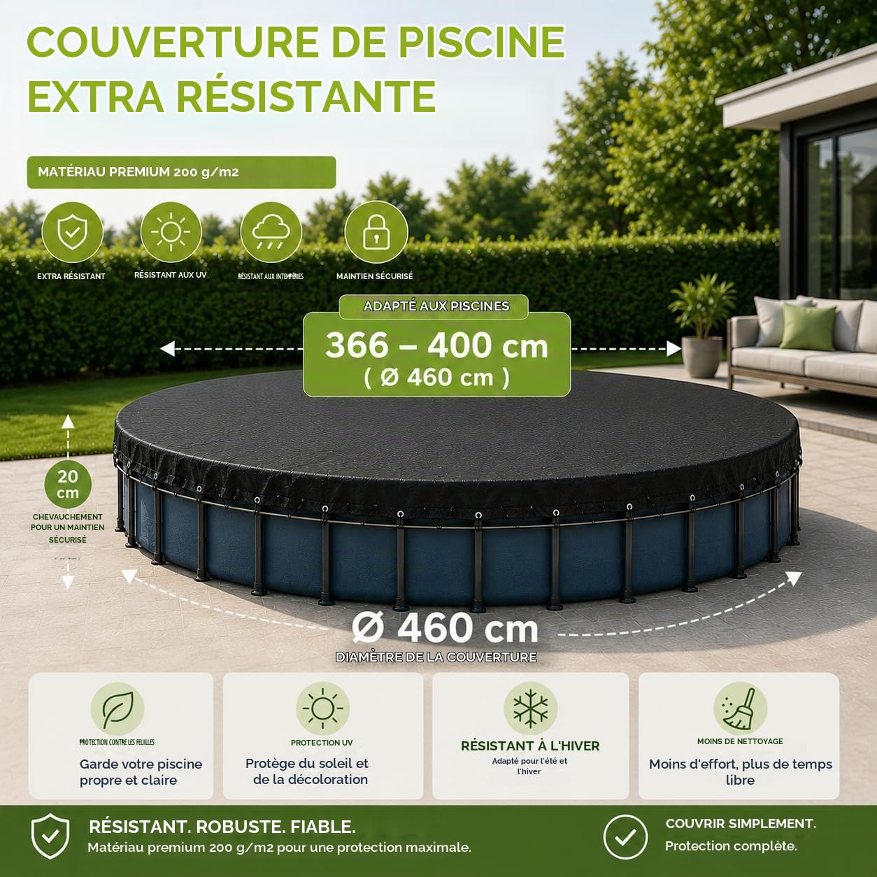 Bâche de piscine ronde - Extra forte 200 g/m² - Bâche solaire résistante aux UV pour été et hiver - Bâche de piscine robuste en noir (366-400 cm (Ø 460 cm)