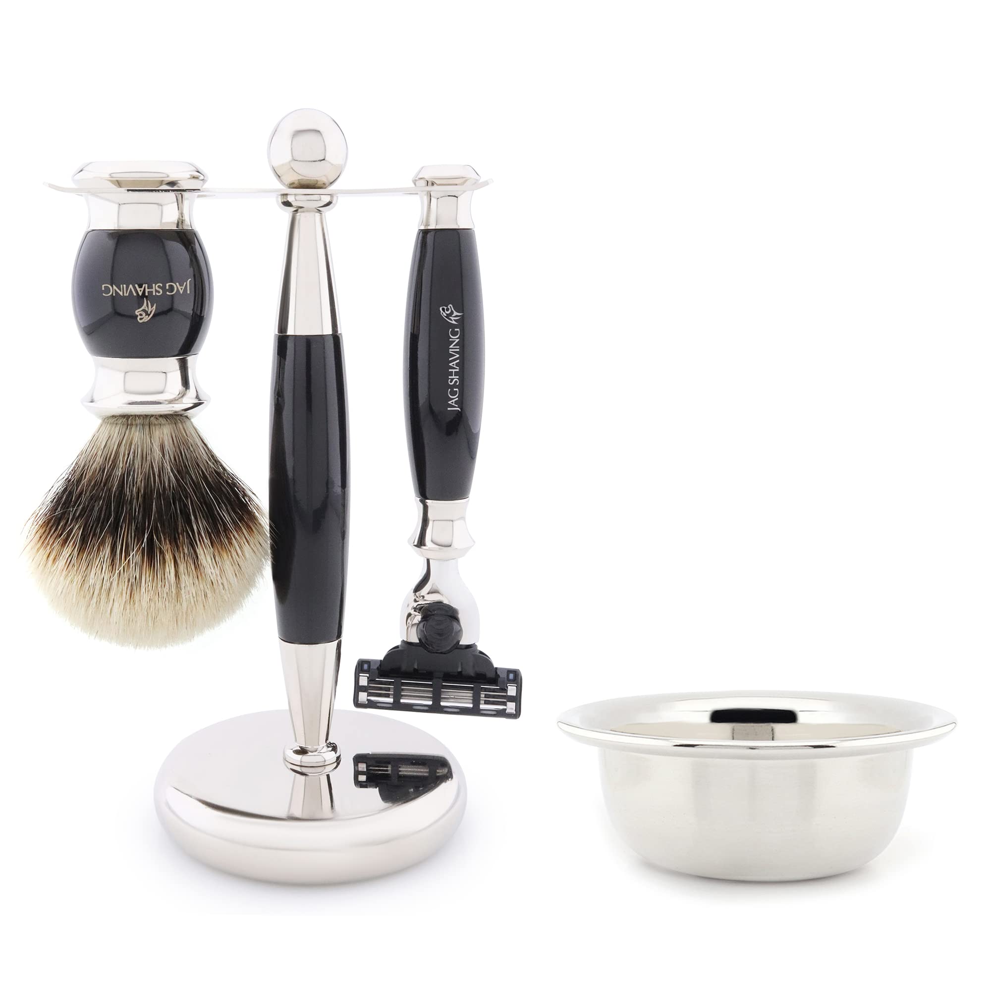 Jag Shaving Rasierset - 4-teiliges Rasierset - JAG's LEE Range - Silberspitz Dachshaar Rasierpinsel - 3 Kante Rasierklingen Rasierhobel - Rasierschale - Rasierständer - Schwarz Geschenkset