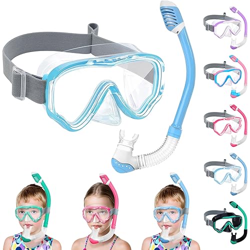 Vvinca Snorkeling Gear for Kids Dry Top Kids Snorkel Set for Boys Girls Junior Youth Children Age 4-14 Swim Goggles with Nose Cover Anti-Fog Panoramic View Adjustable Elastic Diving Mask and Snorkel