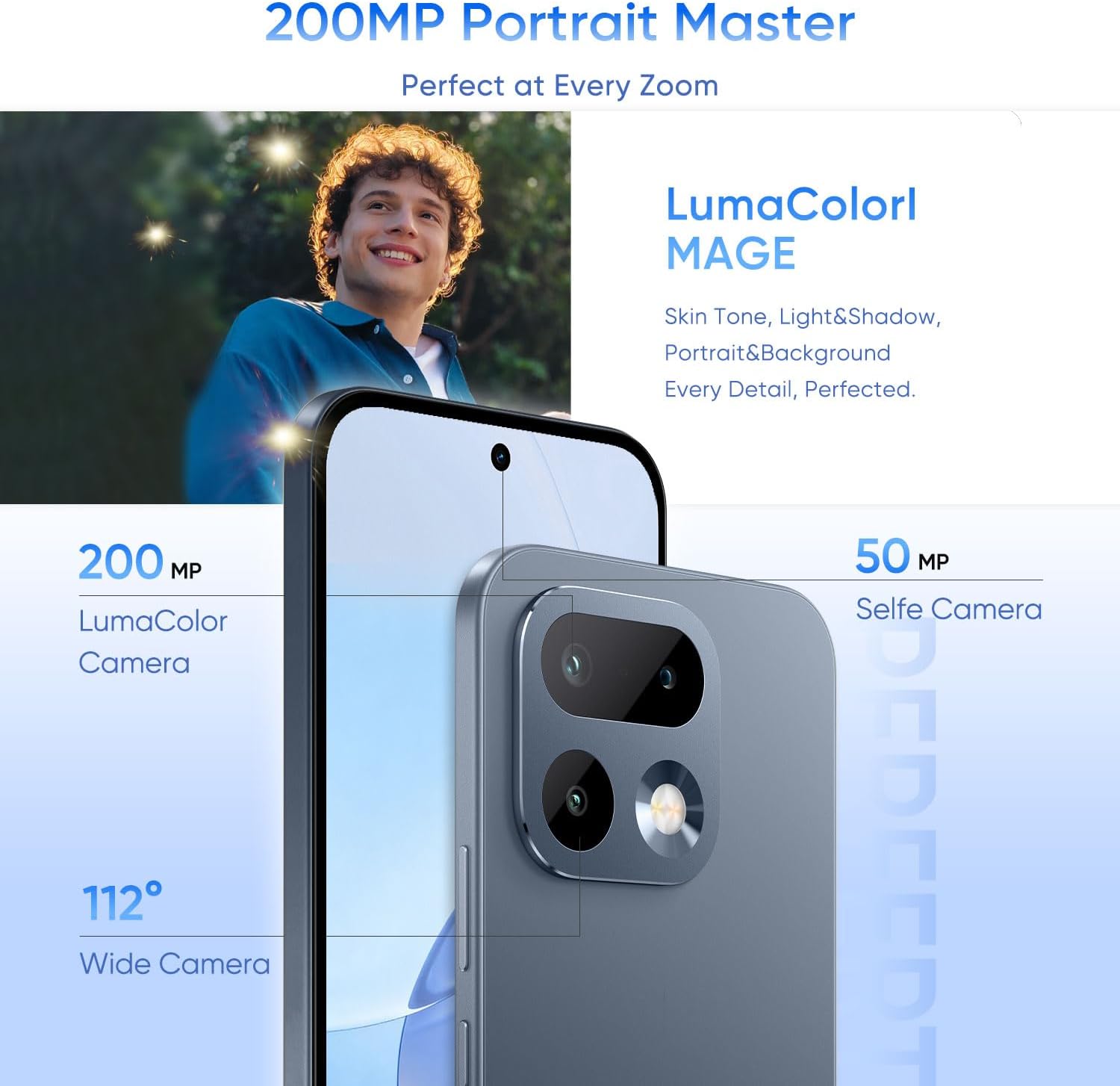 Close-up of the realme 16 Pro 5G camera module, detailing the 200MP main camera and 50MP selfie camera, with a person smiling in the background.