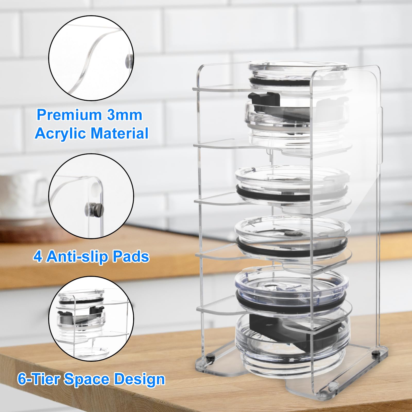 Beautyflier Acrylic Tumbler Lid Organizer for Stanley Cup, Water Bottle Lid Organizer for Cabinet Organization, 6-Tier Cup Mini Lids Organizers Storage Holder for Cupboard Coffee (Holder Only)