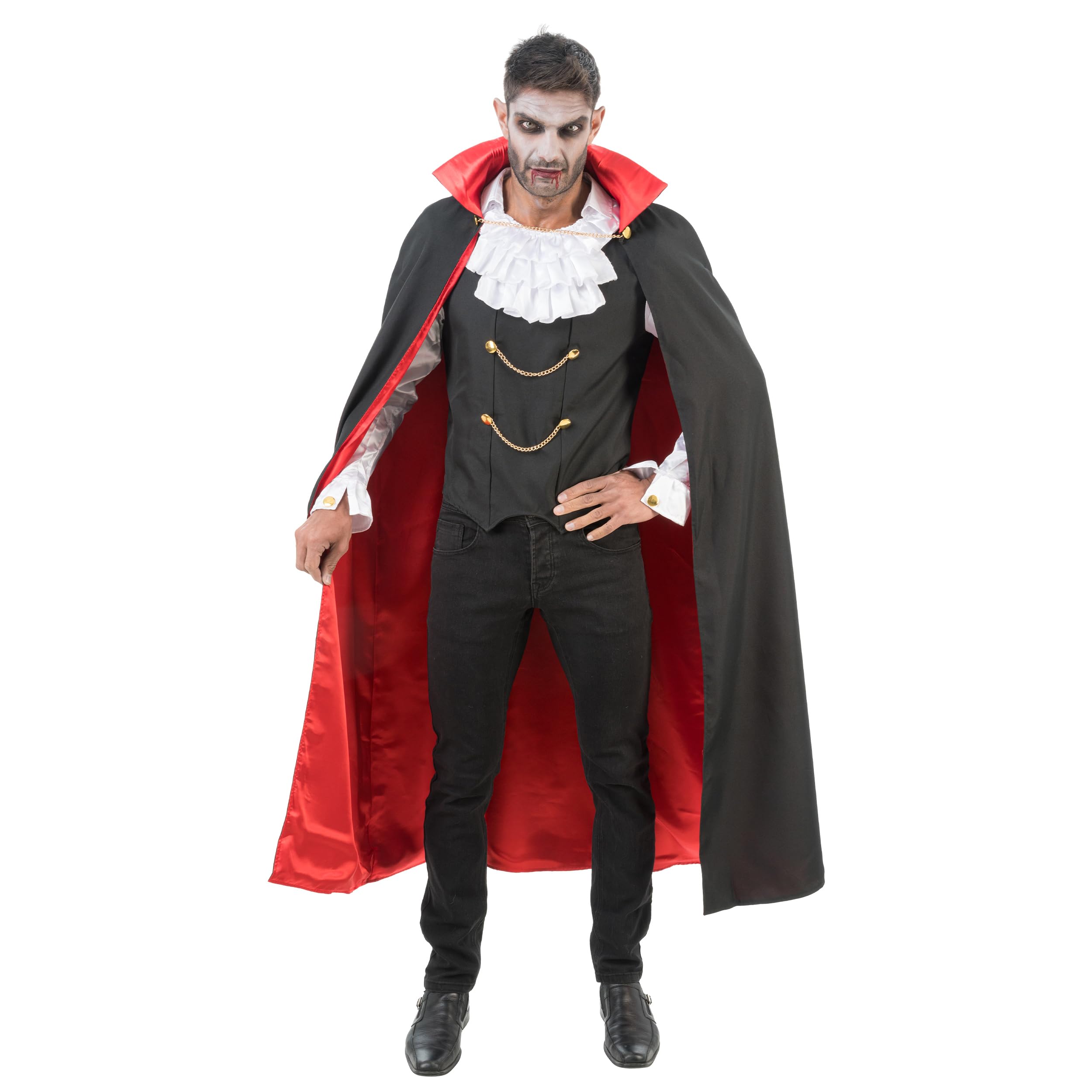 Chaks - 2 Piece Vampire Costume, Cape with Collar and Shirt, Ruffle Vest Outfit for Halloween, Carnival and Theme Parties