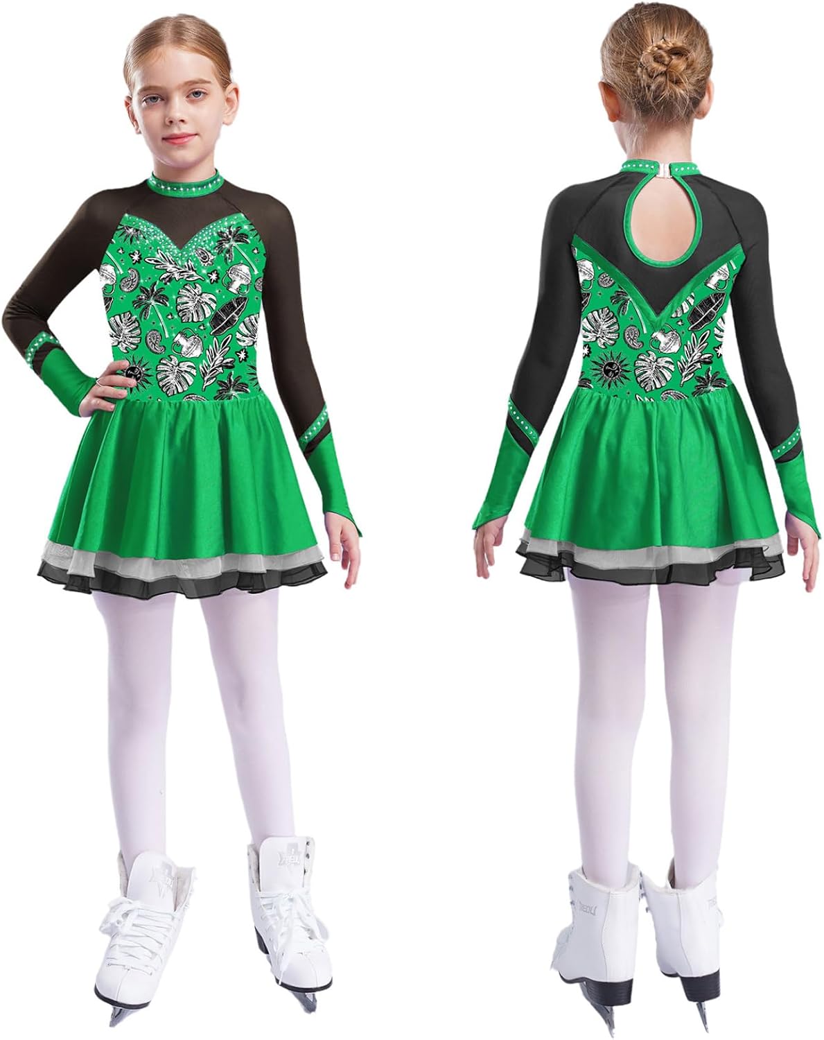 Kids Girls Sparkly Printed Figure Ice Roller Skating Dress Professional Competition Performance Dancing Costume