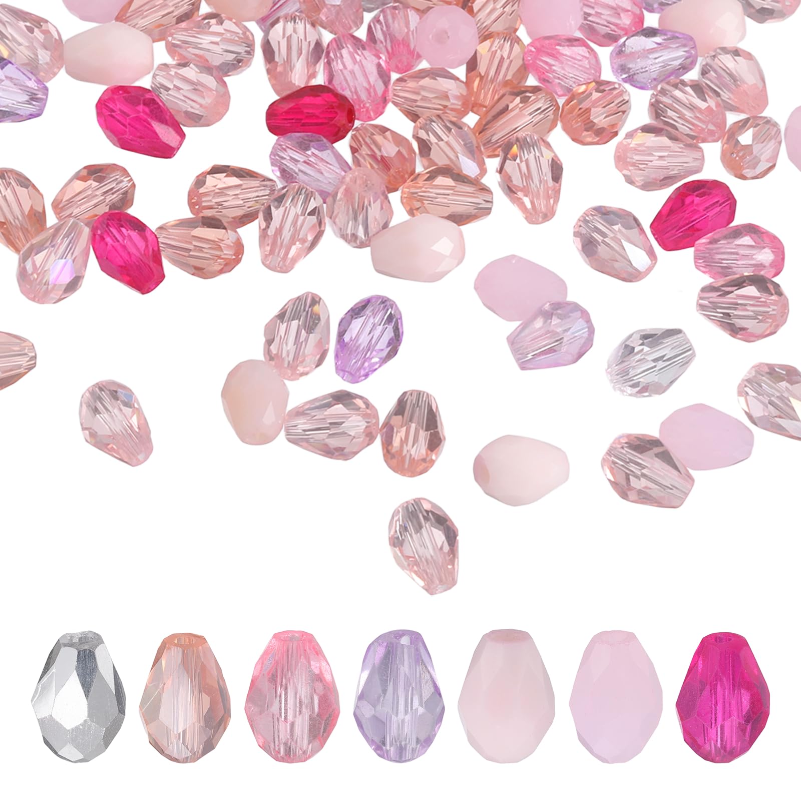 sourcing map 200 PCS Teardrop Crystal Glass Beads, 6x8mm Faceted Shape Crystal AB for Necklace Bracelet Earrings DIY Jewelry Crafts Making Supplies, Pink
