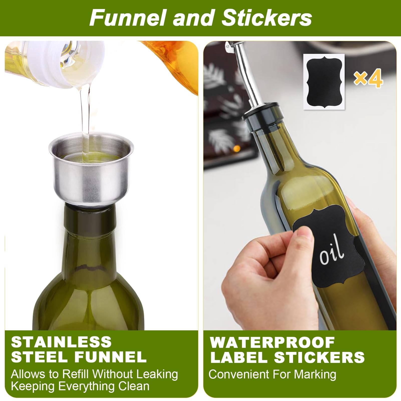 Botella dispensadora de aceite de oliva, 2 botellas de aceite de vidrio verde para cocina, juego dispensador de aceite y vinagre con vertedores y embudo, dispensador de aceite de oliva de 17
