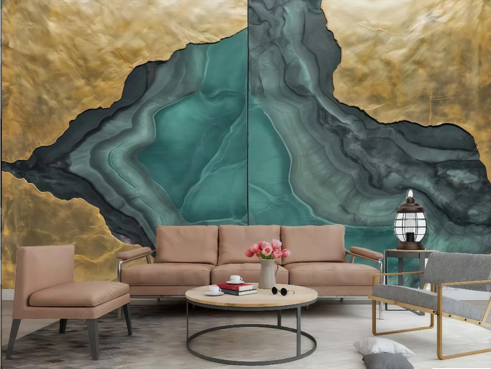 Papier peint moderne minimaliste doré et vert vague géométrique 3D 200x140cm