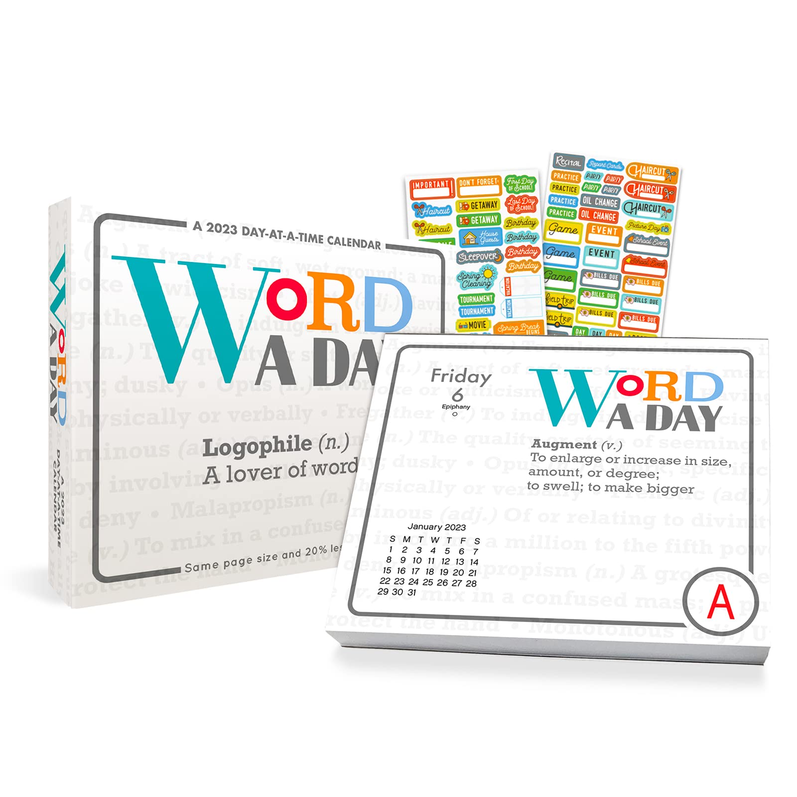 Amazon.com : Word A Day 2023 Calendar, Box Edition Bundle -- Deluxe 2023  Word Of The Day Day-At-A-Time Box Calendar With Over 100 Calendar Stickers  (Vocabulary Gifts, Office Supplies) : Office Products