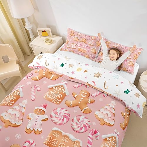 Vista 246 de Juego de funda de edredón rosa de Navidad para niñas, tamaño matrimonial, lindo juego de ropa de cama de dibujos animados de pingüino de Papá Noel