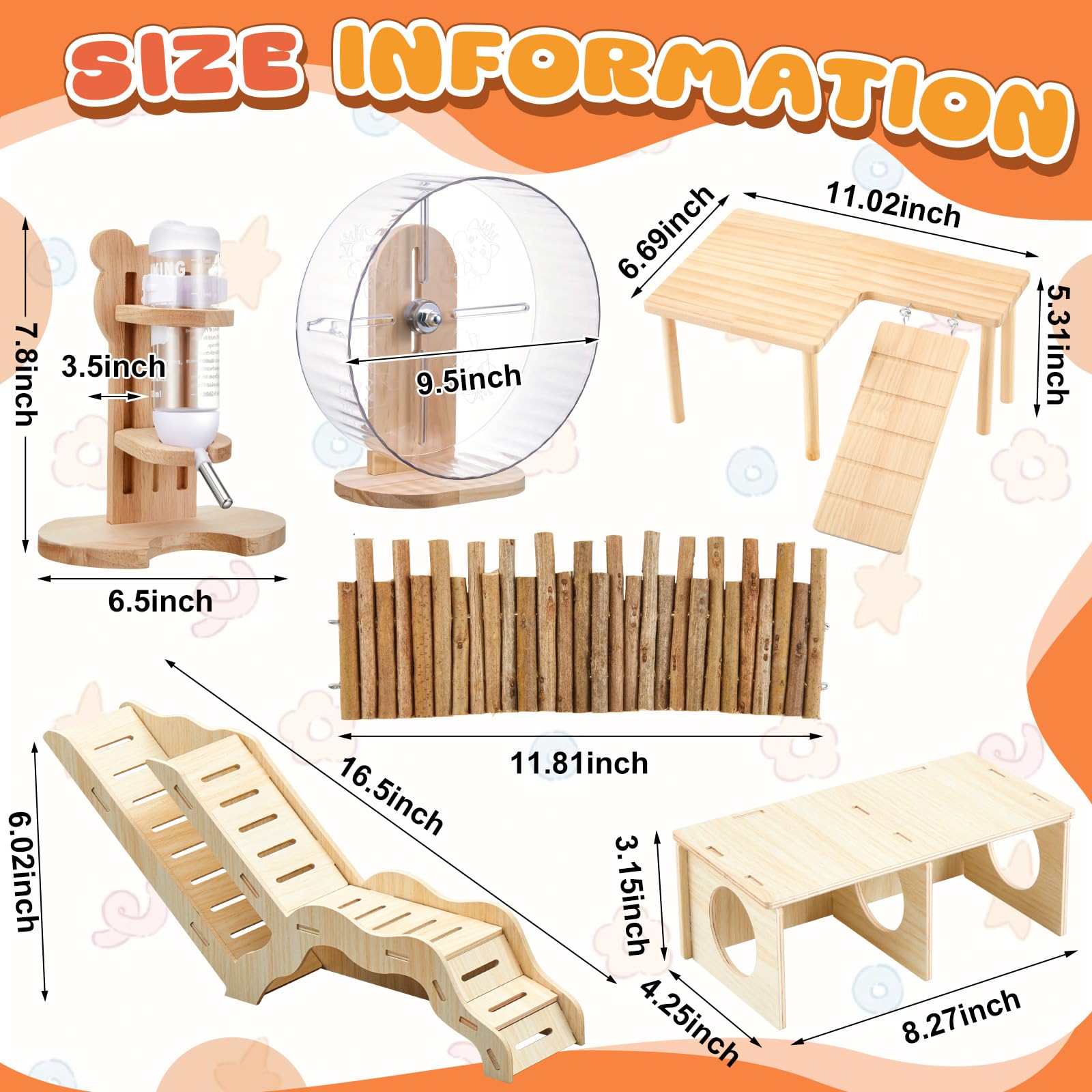 Hamster-Spielzeug-Set, Labyrinth-Holzhaus, Kletterleiter, Holzbrücke, Tunnel, Spielzeugplattform, leise, Laufräder und Wasserflasche, Set für Ratten, Meerschweinchen, Lebensraum (Standard