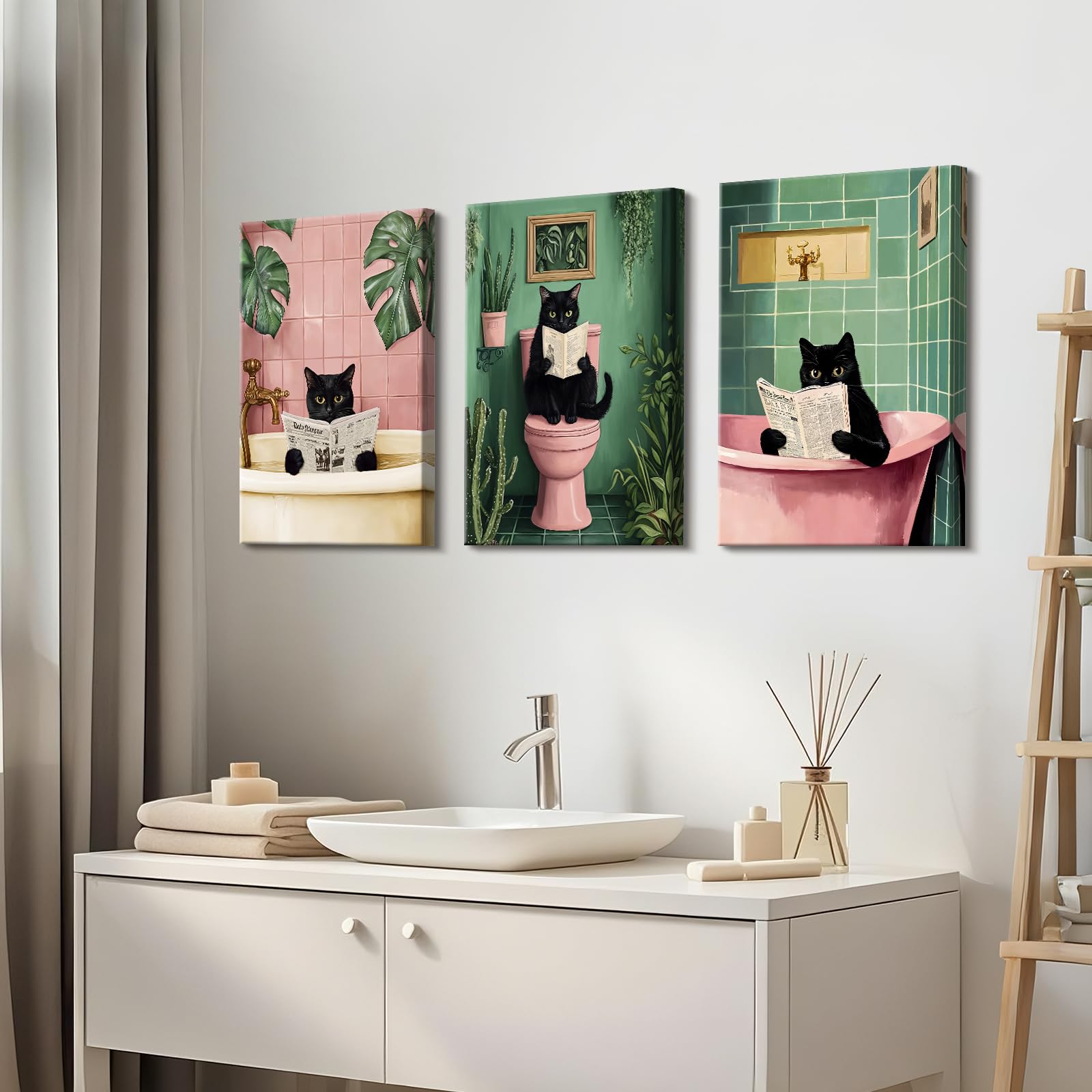 HALFLEMART 3 Pcs Wooden Framed Canvas Wall Art Funny Black Cat Canvas Prints Pink Green Plants Kitten Cat Bathing Painting Animals Humor Pictures Bathroom Toilet Bathtub Wall Decor 40x60 cm x3pcs - Image 2
