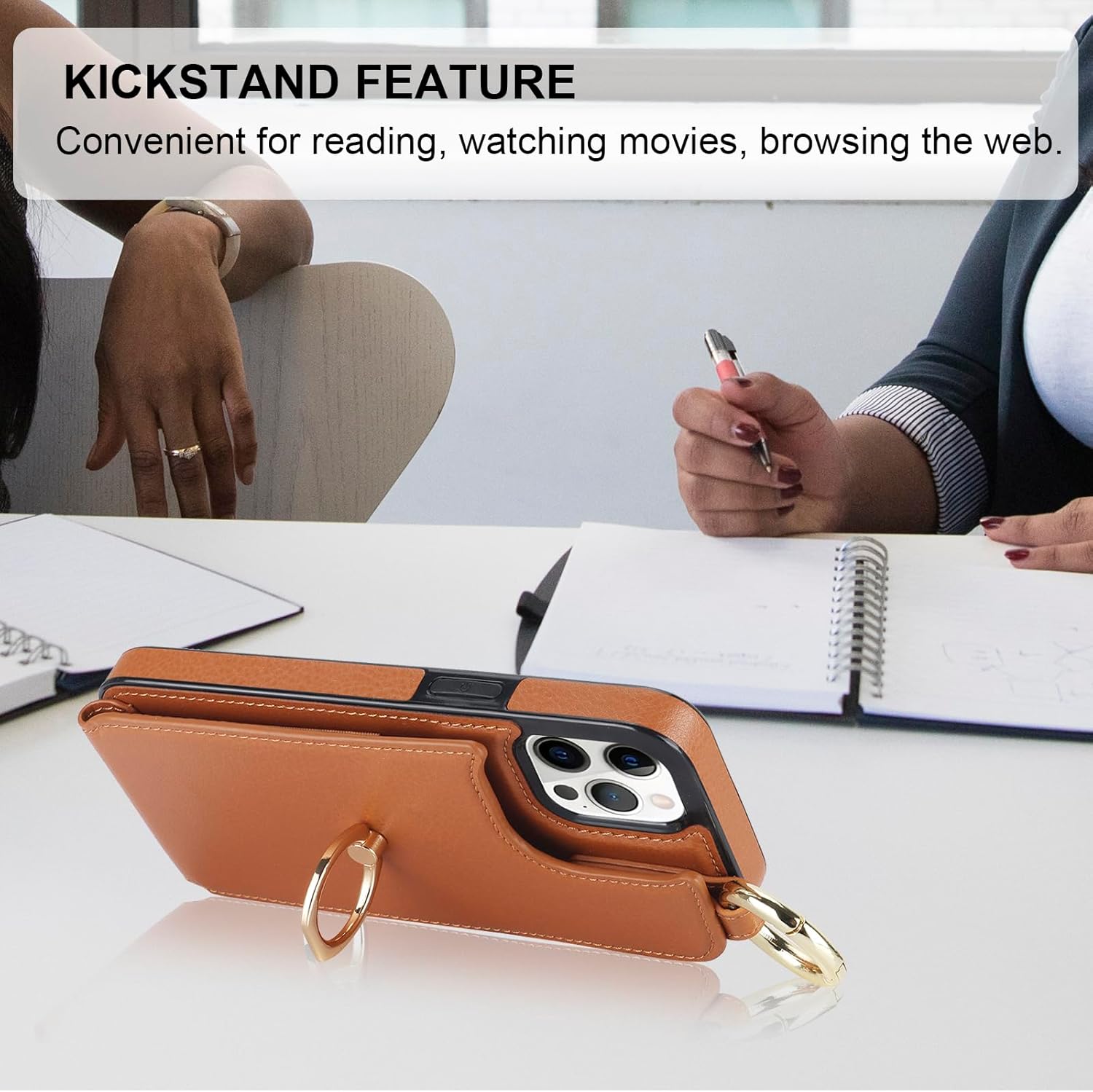 Folosu for iPhone 12 Pro Max Wallet Case with Card Holder, 360°Rotation Ring Holder Kickstand, RFID Blocking PU Leather Finger Grip Key Ring, Protective Double Buttons Shockproof Cover 6.7" Brown