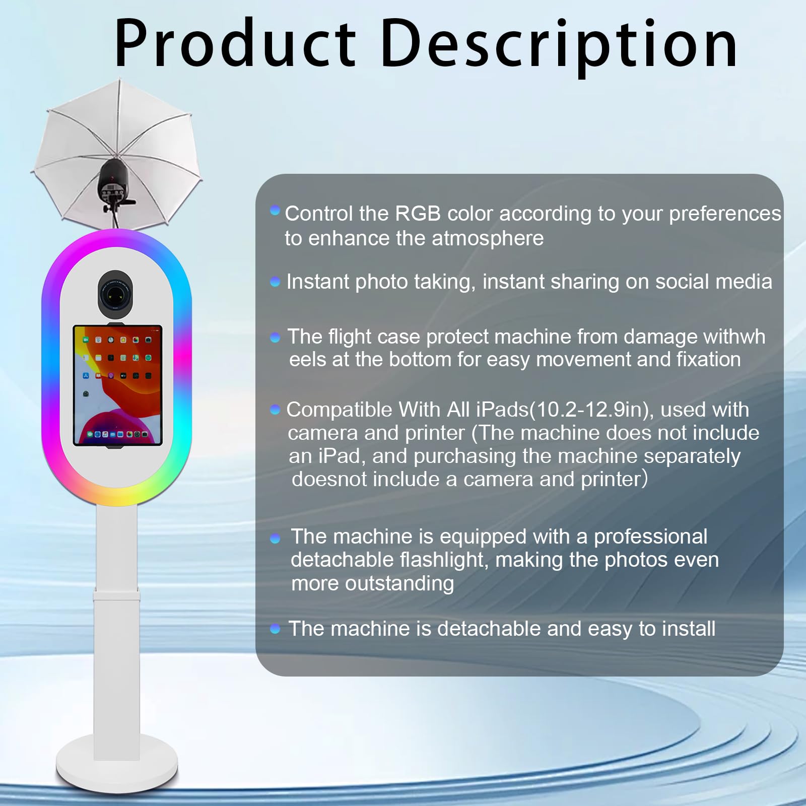 Cabina de Fotos Compatible con iPad Photobooth para luz RGB (10.2-13 Pulgadas) y Soporte de Piso para Linterna con Funda de Vuelo para Bodas, Eventos, cumpleaños (Blanco, máquina de fotomatón)